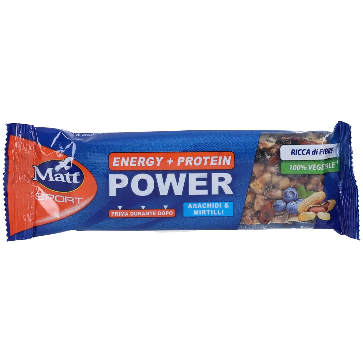 Barretta blu "Matt Sport Energy + Protein Power". Contiene arachidi e mirtilli. Confezione.
