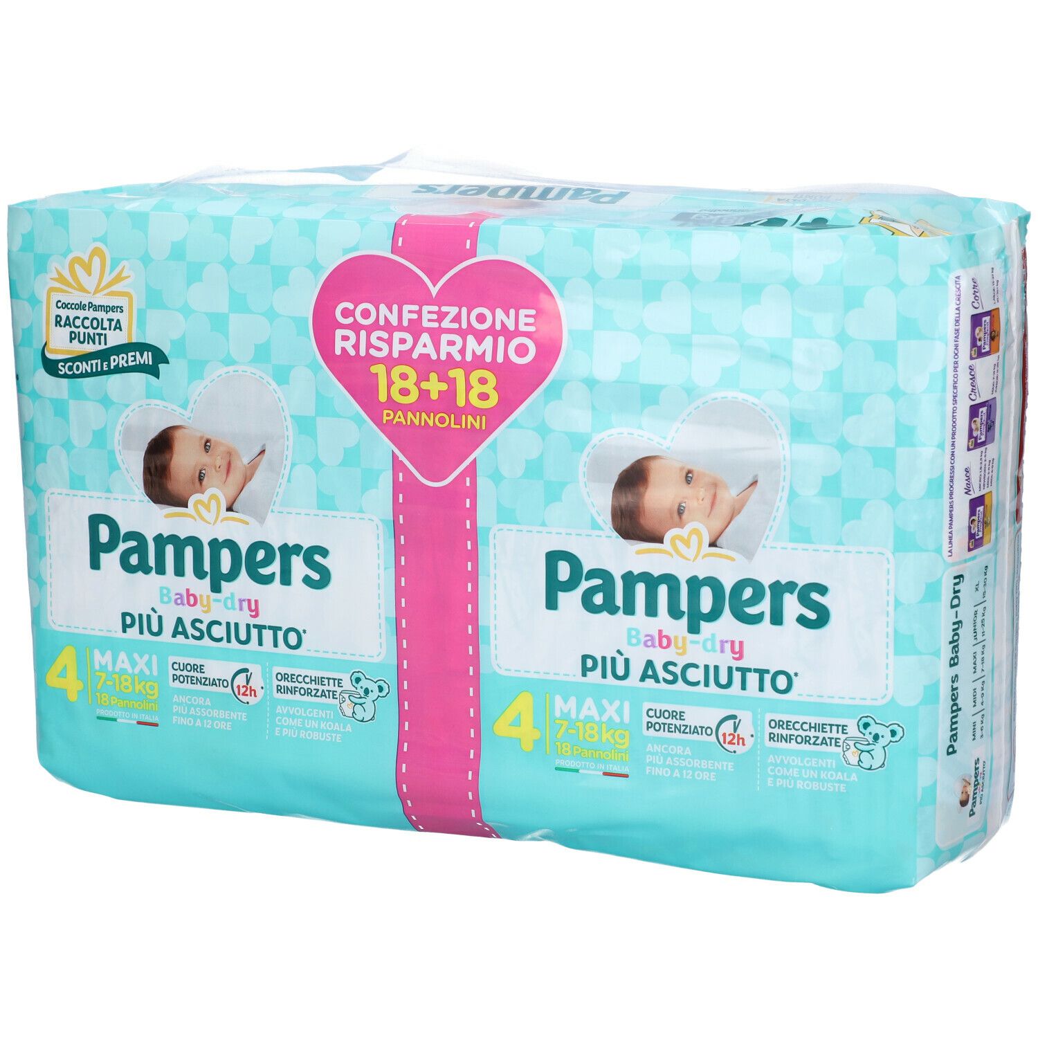 Pampers Baby Dry, confezione 18+18 pannolini. Taglia 4 Maxi, 7-18 kg. Confezione azzurra con immagini di bambini e informazioni sul prodotto.