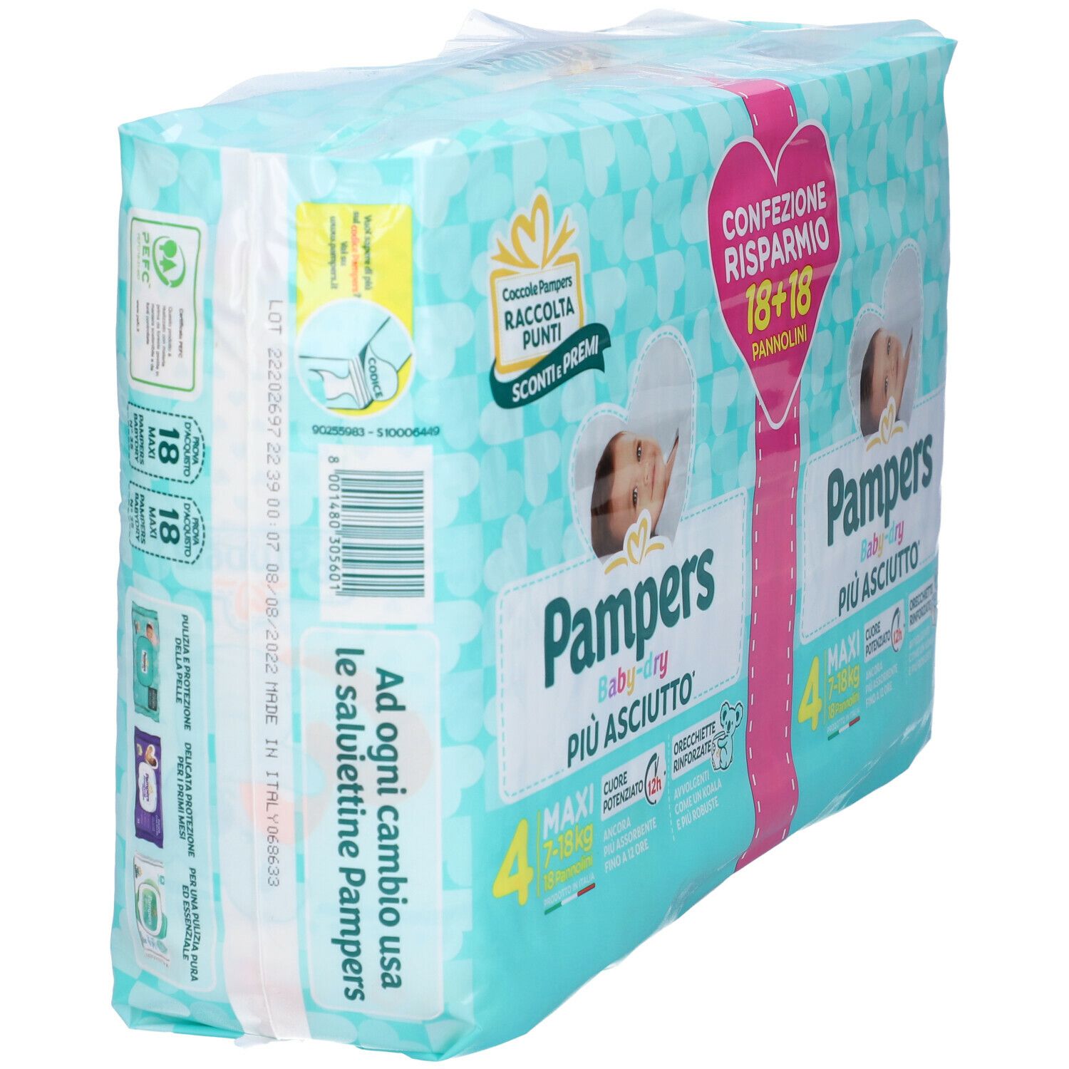 Pampers Baby Dry, confezione 18+18 pannolini. Taglia 4 Maxi, 7-18 kg. Confezione con informazioni sul prodotto e immagini di bambini, vista laterale.