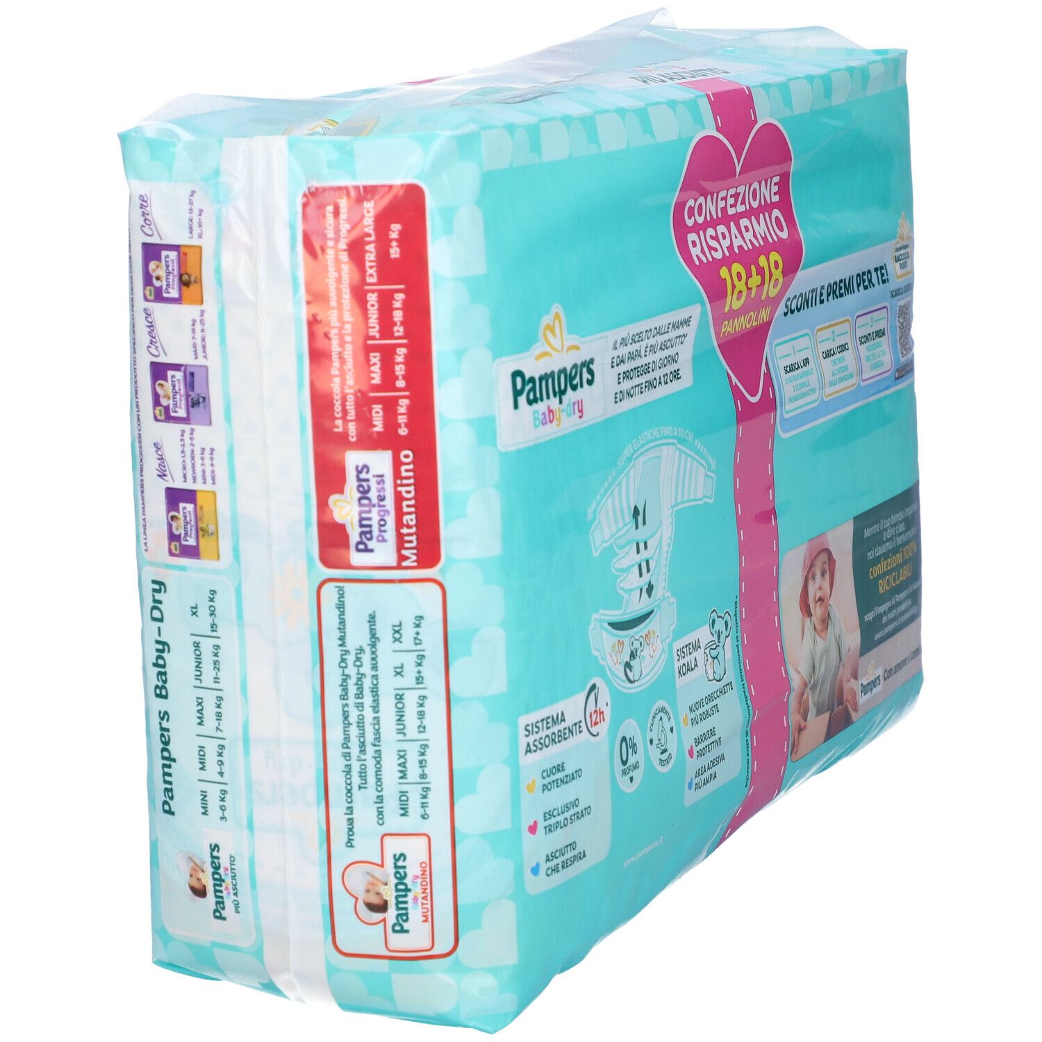Pampers Baby Dry, informazioni sulle taglie. Retro della confezione con informazioni sul prodotto e illustrazioni. Taglie: Midi, Junior, ecc.