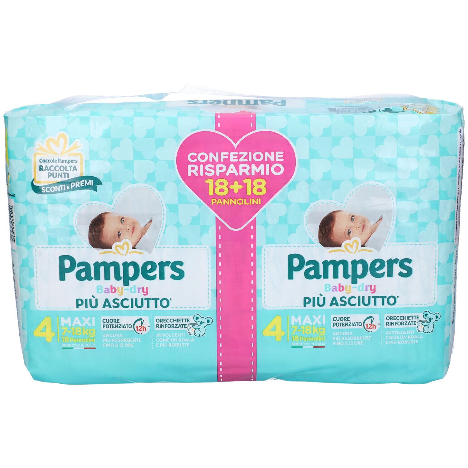 Pampers Baby-Dry Windeln, Maxi, 18+18 Stück. Hellblaues Paket mit Baby-Illustrationen. Rosa Herz mit Text.
