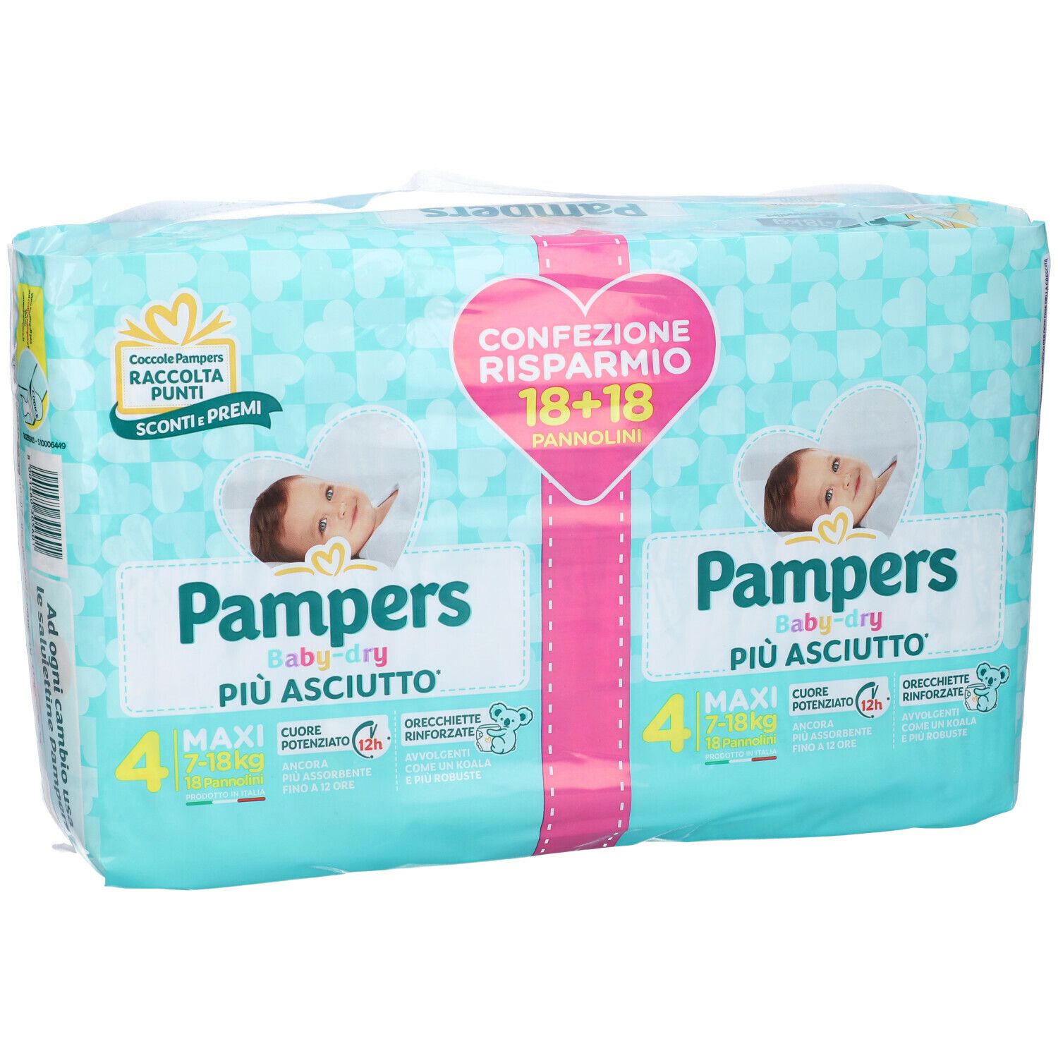 Pampers Baby Dry, confezione 18+18 pannolini. Taglia 4 Maxi, 7-18 kg. Confezione azzurra con immagini di bambini e informazioni sul prodotto.