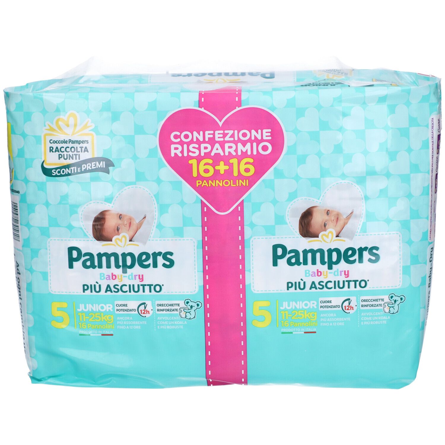 Pampers Baby-Dry Windeln, Packung. Herzförmiges Design mit Text. Baby-Illustrationen. Türkis-weißes Muster. Produktinformationen.