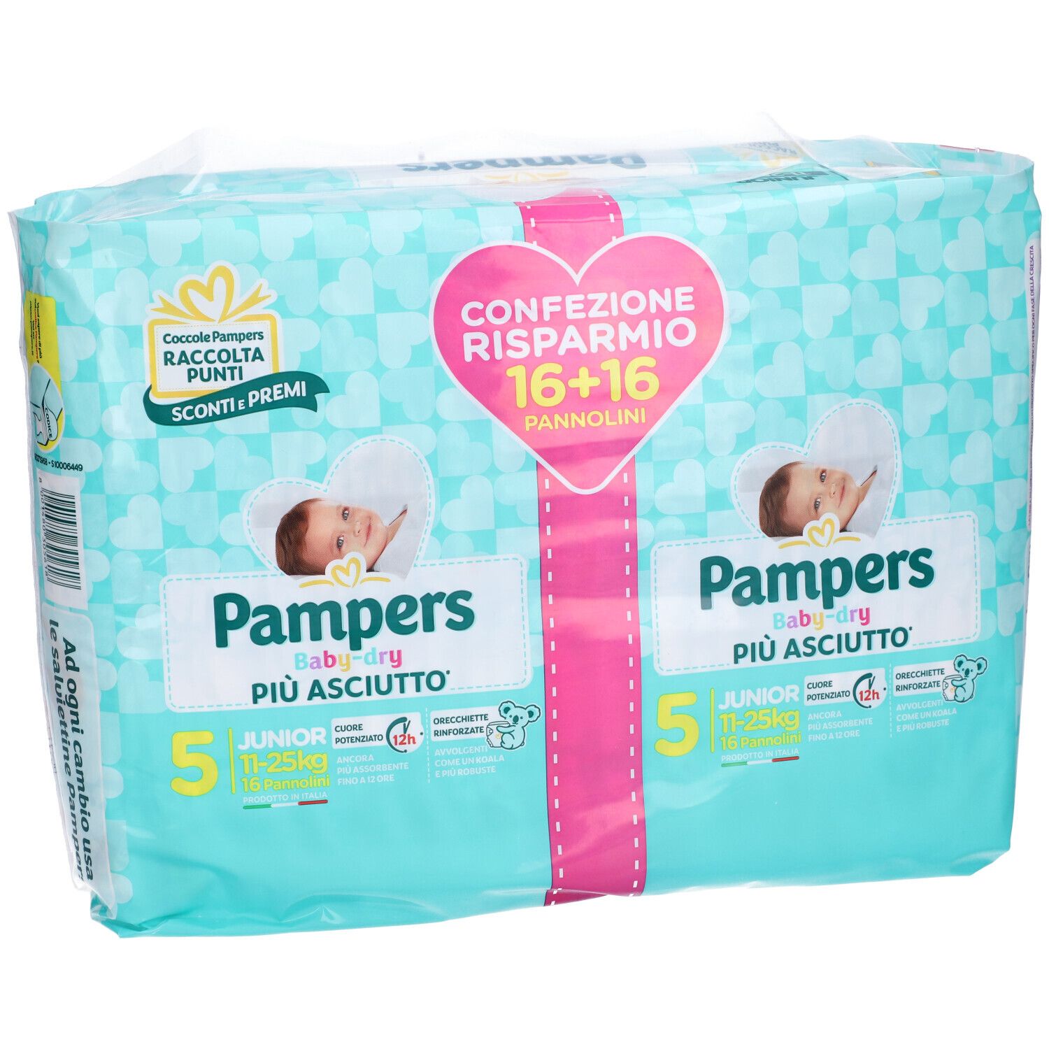Pampers Baby-Dry Windeln, Packung. Herzförmiges Design mit Text. Baby-Illustrationen. Türkis-weißes Muster. Produktinformationen.
