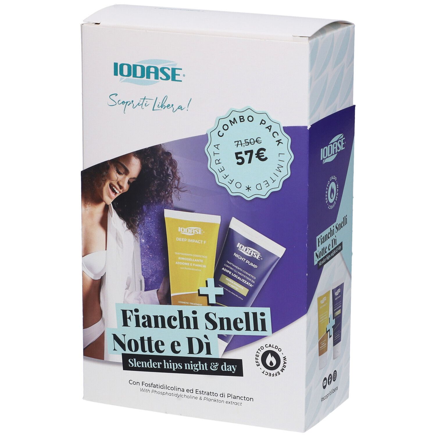 Confezione combo con due creme. Scritta: Fianchi Snelli Notte e Di'. Prezzo offerta: 57€.