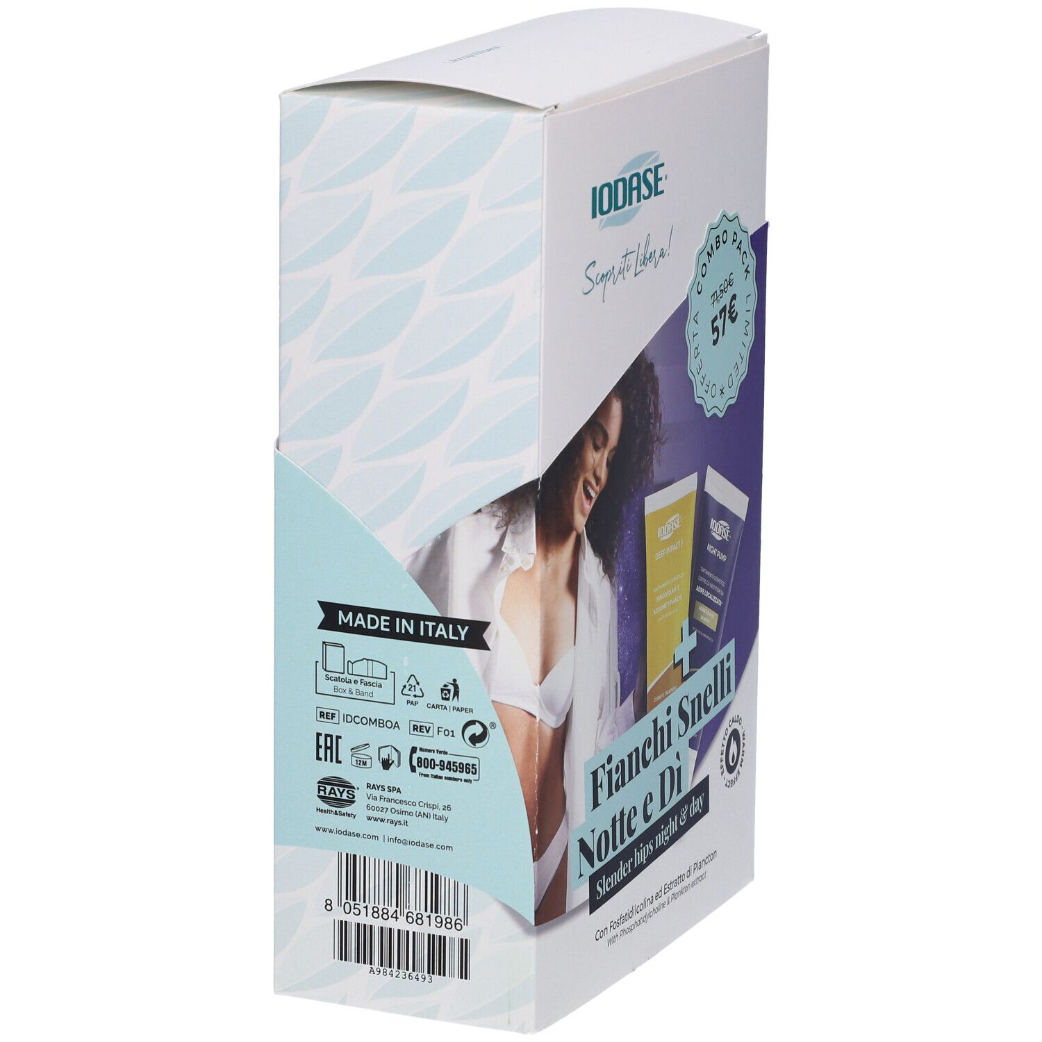 Confezione di Fianchi Snelli Notte e Di'. Scritta: Made in Italy. Codice a barre e informazioni produttore.
