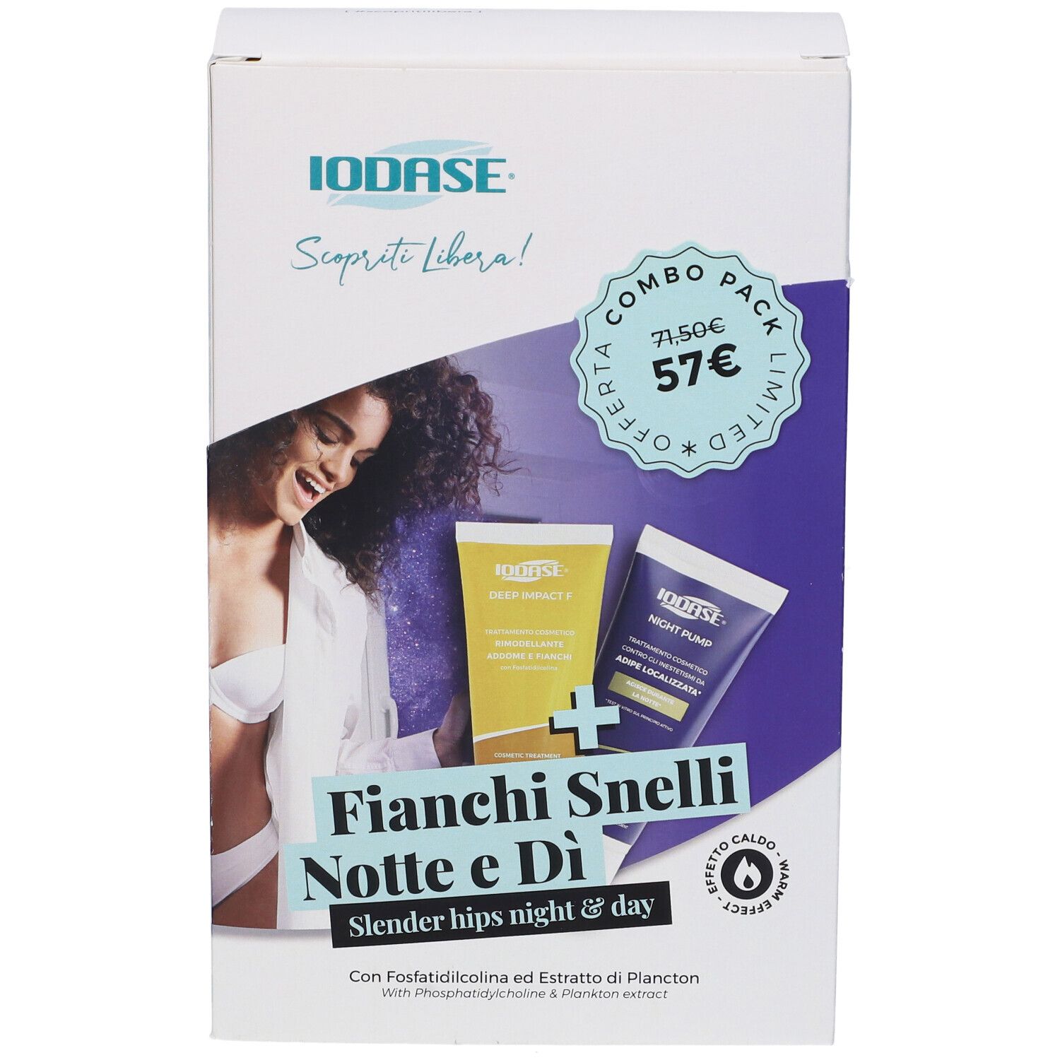 Confezione combo con due creme. Scritta: Fianchi Snelli Notte e Di'. Prezzo offerta: 57€.