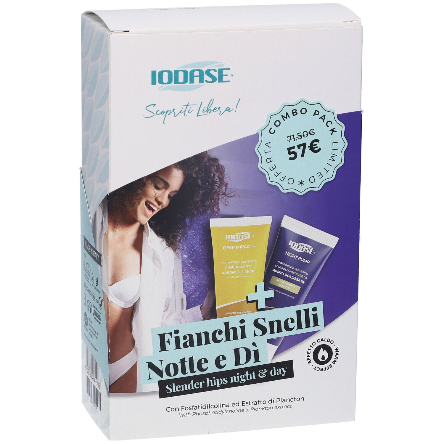 Confezione combo con due creme. Scritta: Fianchi Snelli Notte e Di'. Prezzo offerta: 57€.