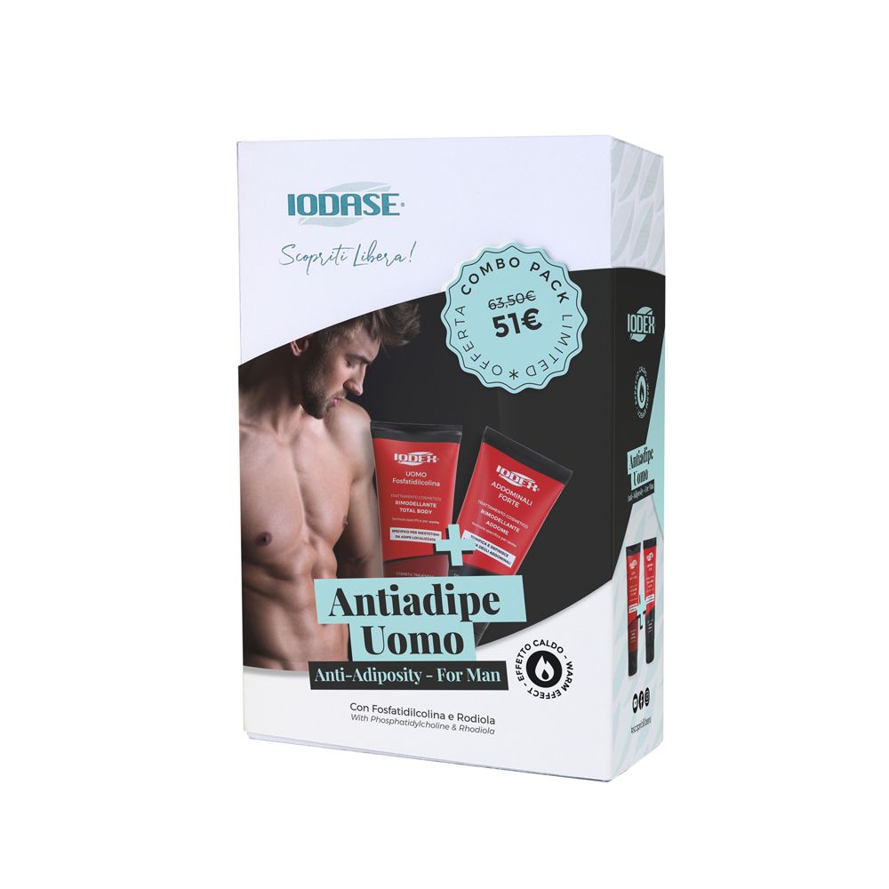 Confezione con due tubi rossi e un uomo. Testo: Antiadipe Uomo, Combo Pack, IODASE.