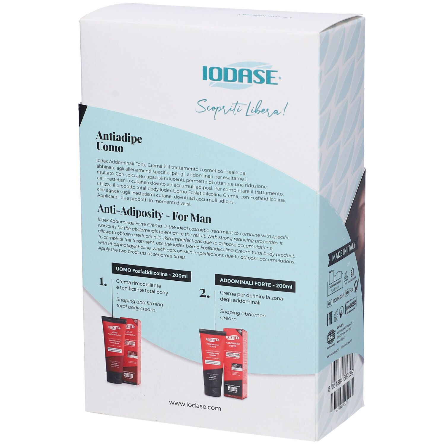 Confezione con testo e due tubi rossi. Testo: Antiadipe Uomo, IODASE, Made in Italy.