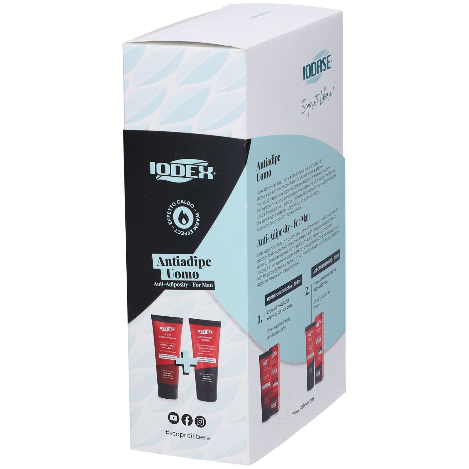 Confezione con testo e due tubi rossi. Testo: Antiadipe Uomo, IODASE, Made in Italy.