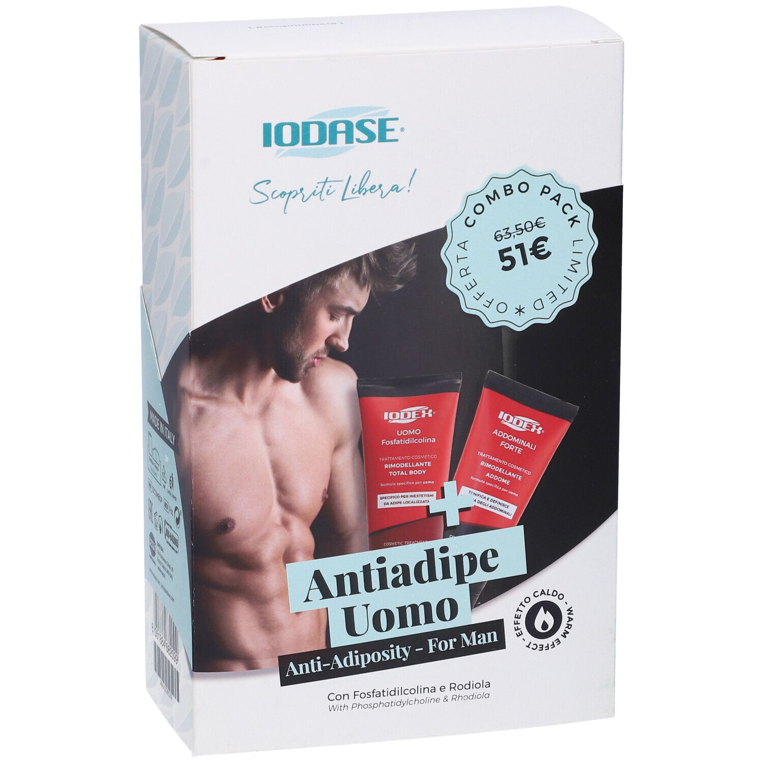 Confezione con due tubi rossi e un uomo. Testo: Antiadipe Uomo, Combo Pack, IODASE.