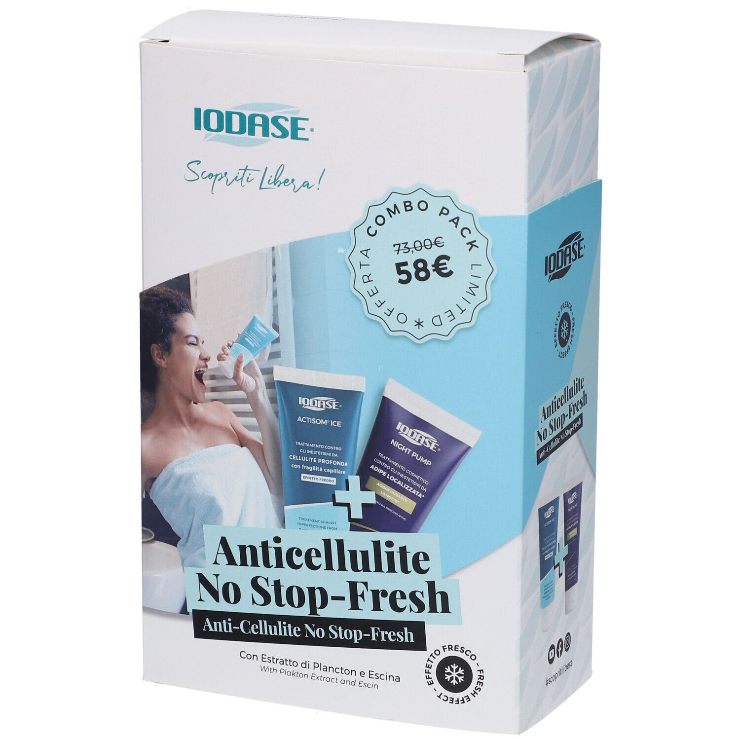 Scatola con immagini del prodotto. Testo: Anticellulite No Stop-Fresh. Combo Pack. Marchio IODASE.