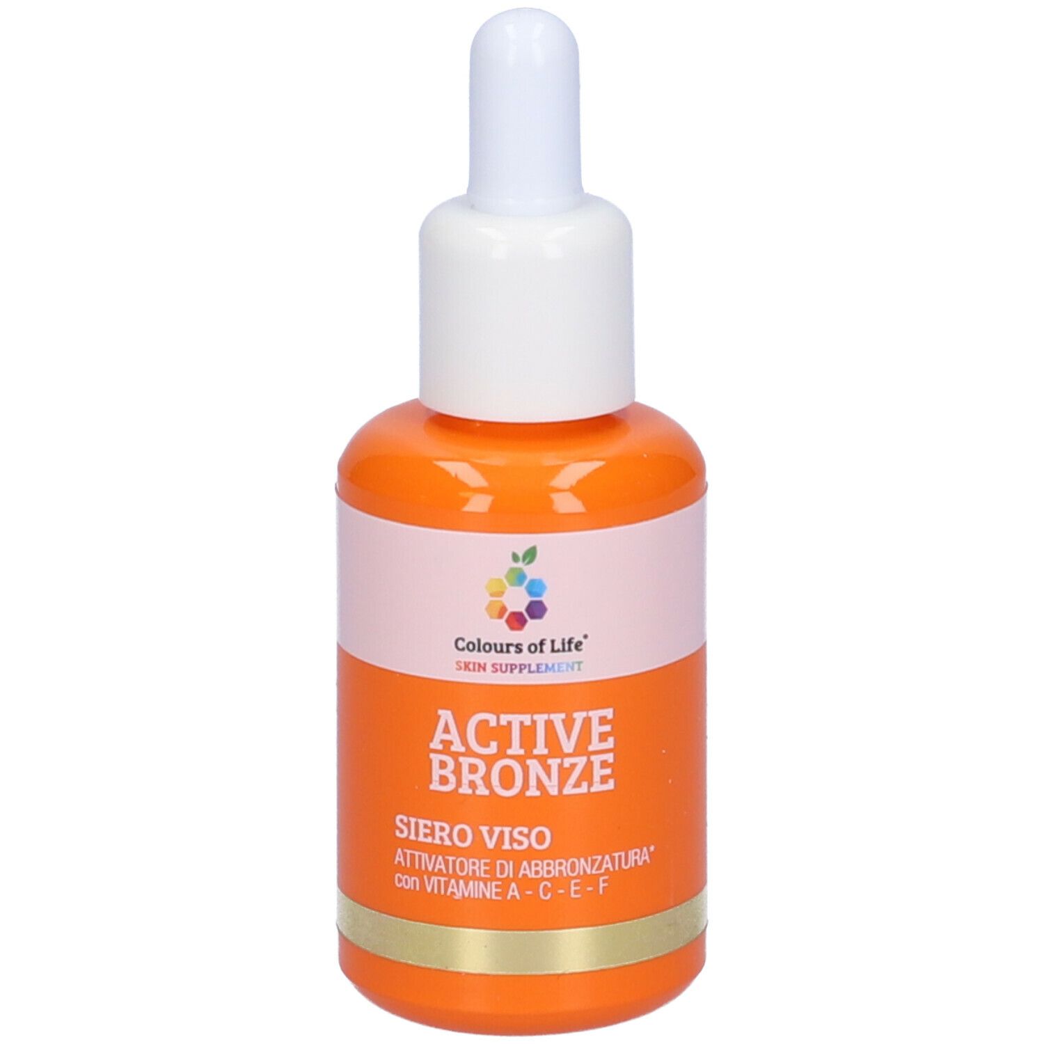 Flacone arancione con contagocce bianco. Scritta: Active Bronze, Siero Viso. Marchio: Colours of Life. Con vitamine A-C-E-F.