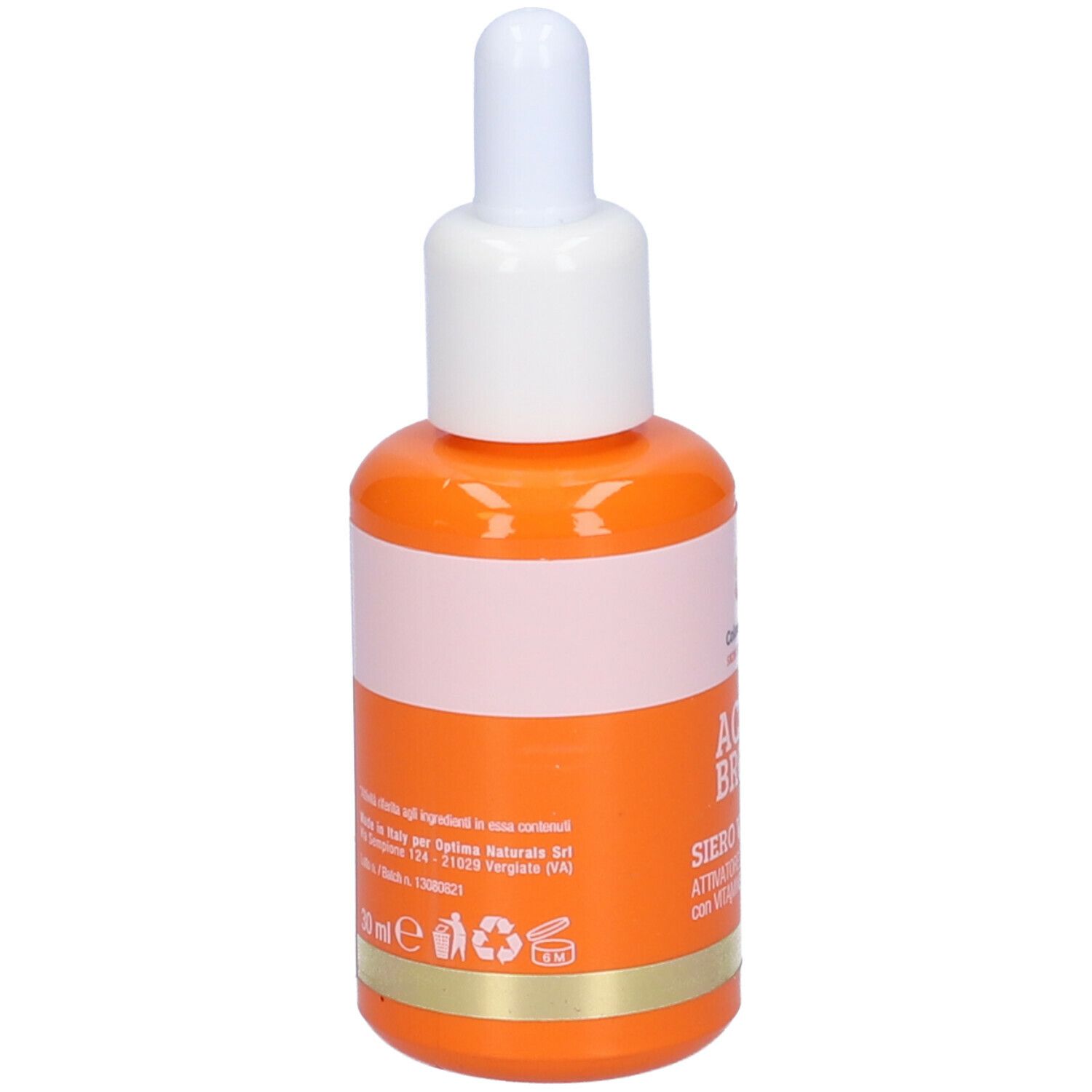Flacone arancione con contagocce bianco. Scritta: Active Bronze, Siero Viso. Marchio: Colours of Life. Con vitamine A-C-E-F.