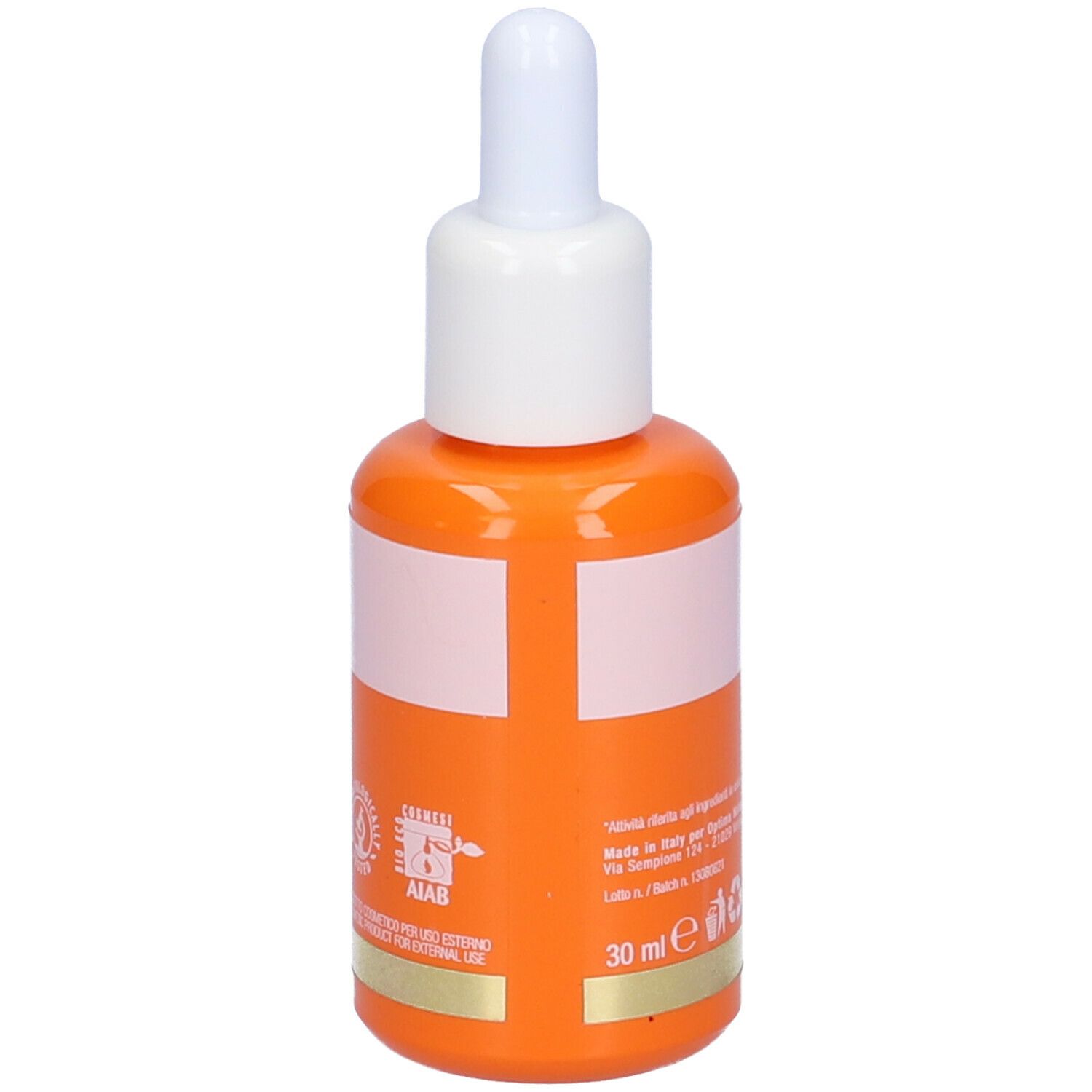 Flacone arancione con contagocce bianco. Scritta: Active Bronze, Siero Viso. Marchio: Colours of Life. Con vitamine A-C-E-F.