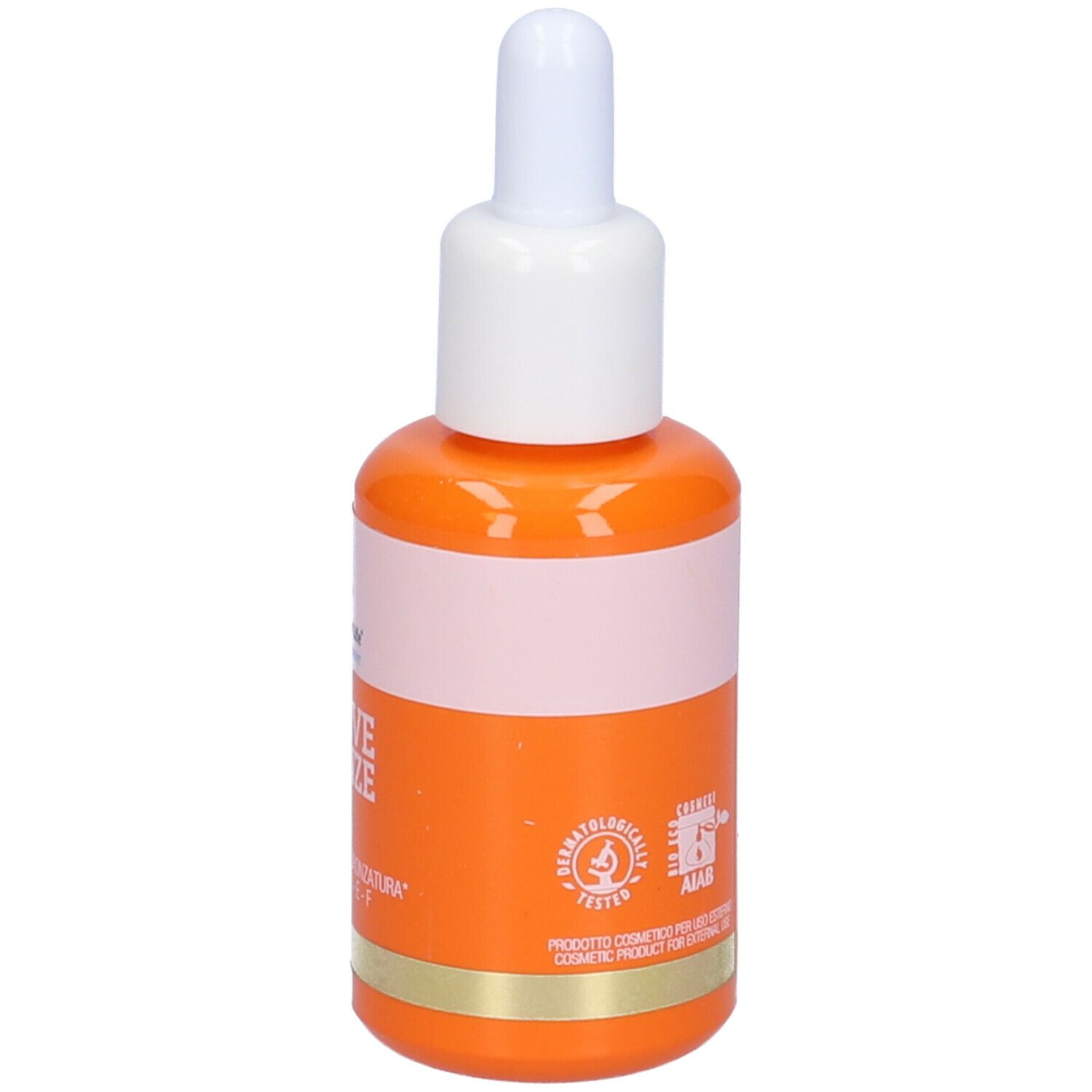 Flacone arancione con contagocce bianco. Scritta: Active Bronze, Siero Viso. Marchio: Colours of Life. Con vitamine A-C-E-F.