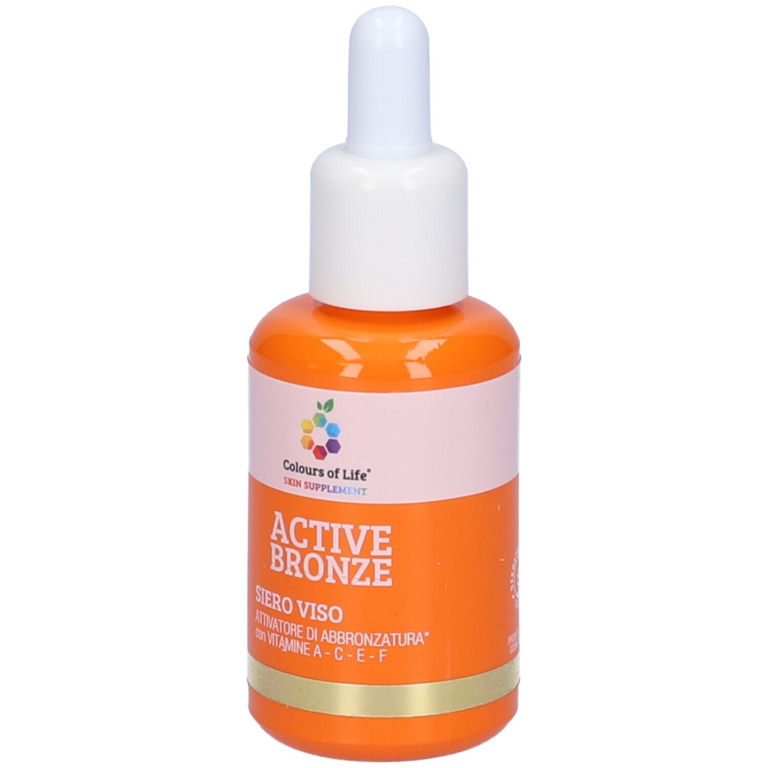 Flacone arancione con contagocce bianco. Scritta: Active Bronze, Siero Viso. Marchio: Colours of Life. Con vitamine A-C-E-F.