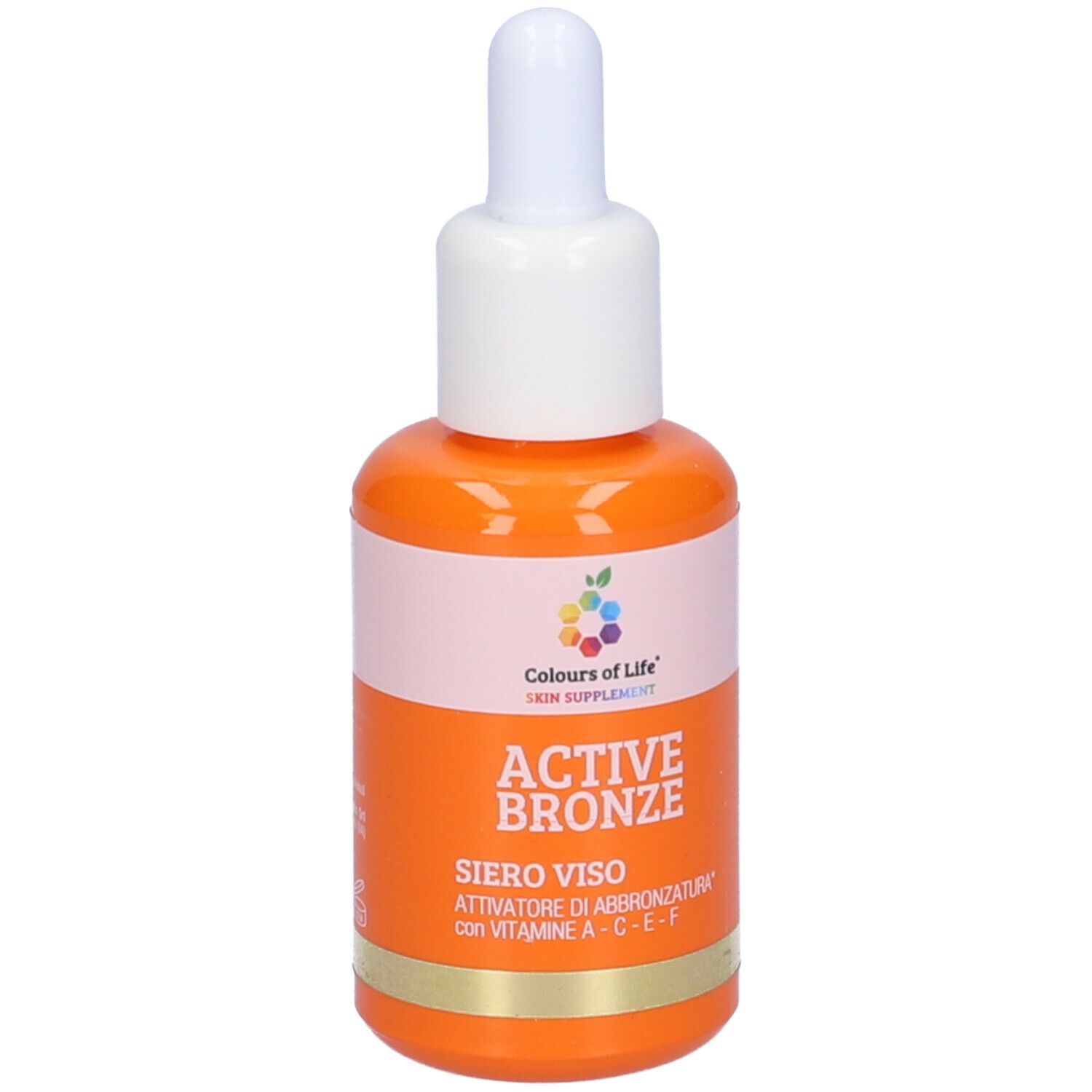 Flacone arancione con contagocce bianco. Scritta: Active Bronze, Siero Viso. Marchio: Colours of Life. Con vitamine A-C-E-F.
