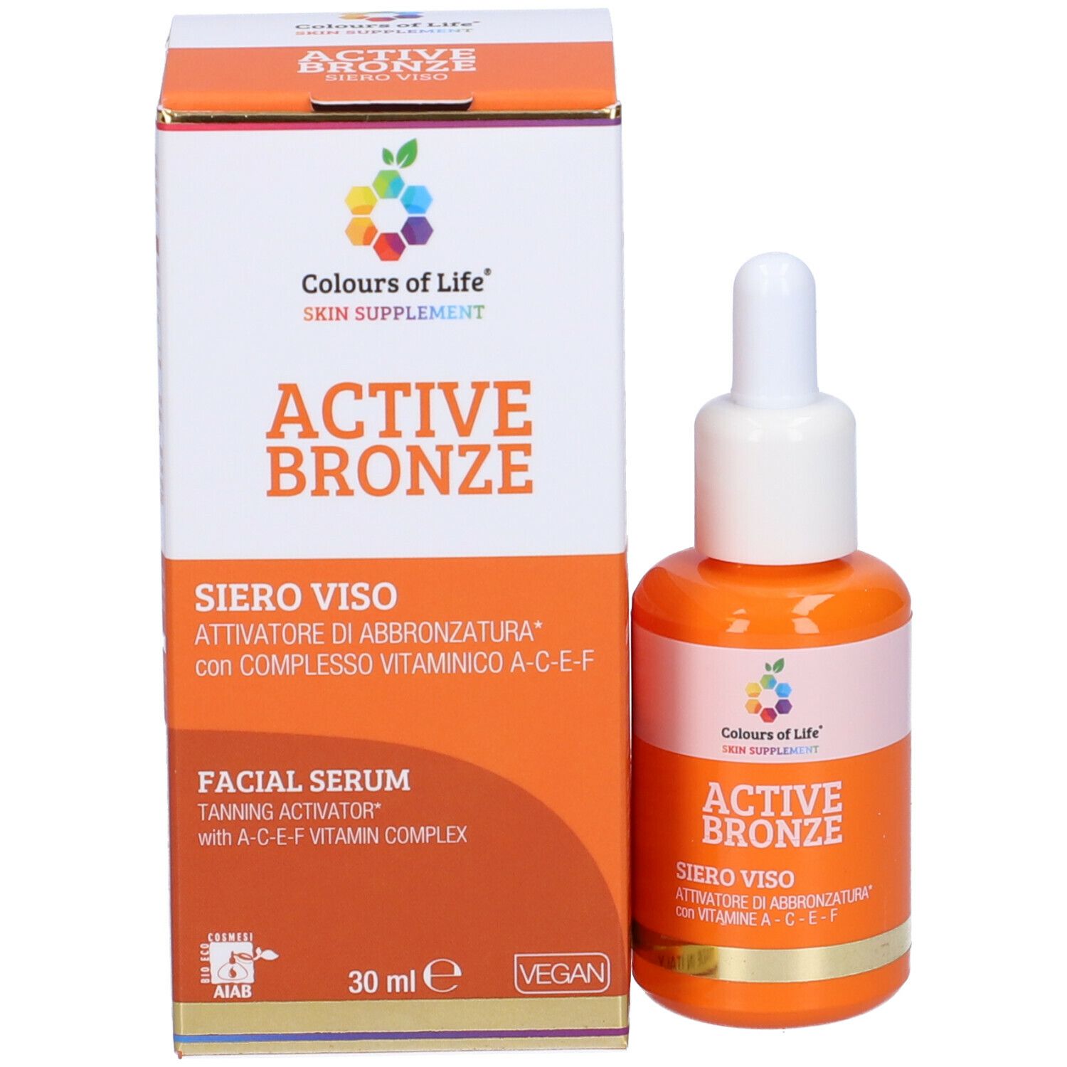 Confezione e flacone. Scritta: Active Bronze, Siero Viso. Marchio: Colours of Life. Con vitamine A-C-E-F. Vegan.