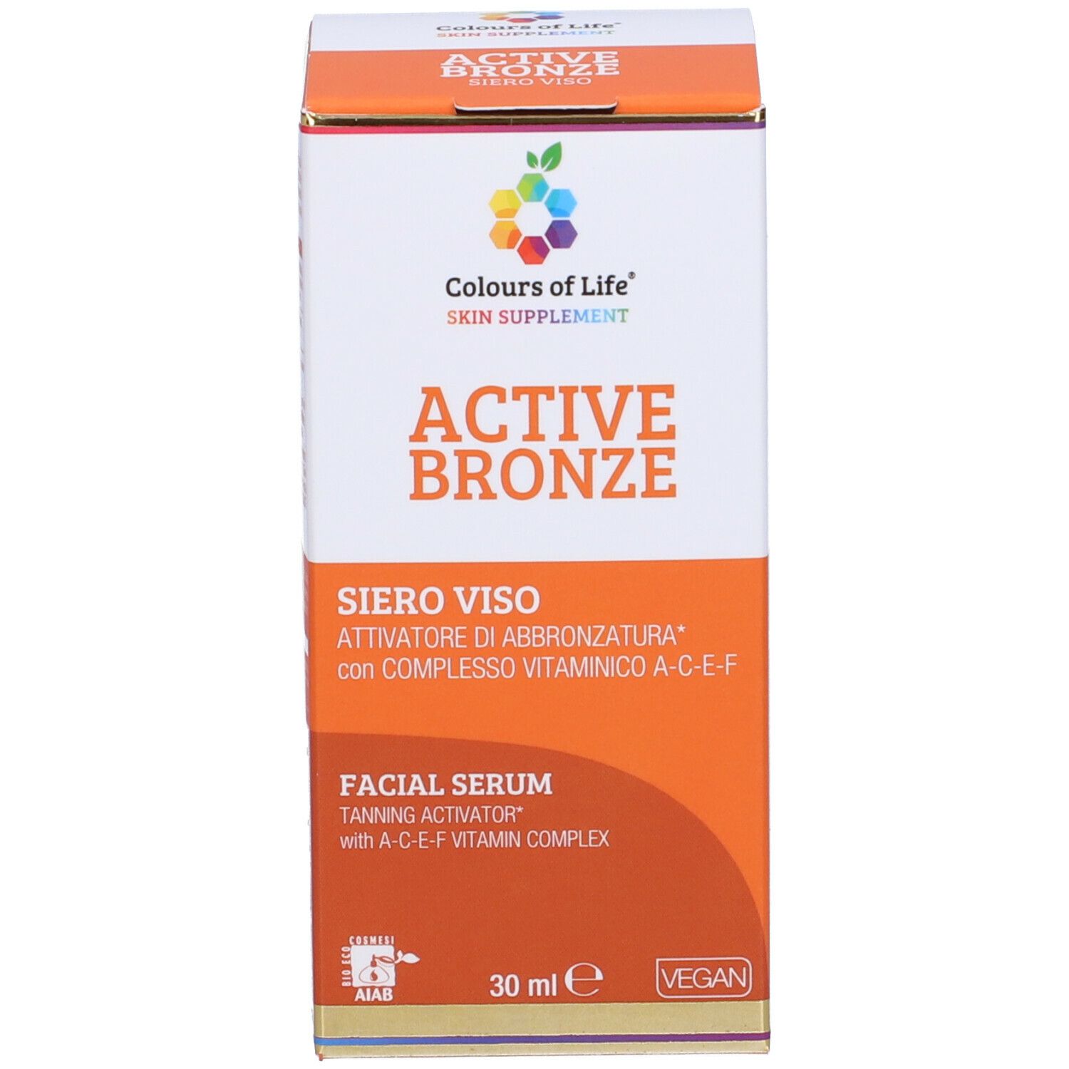 Confezione del prodotto. Scritta: Active Bronze, Siero Viso. Marchio: Colours of Life. Con vitamine A-C-E-F. Vegan.