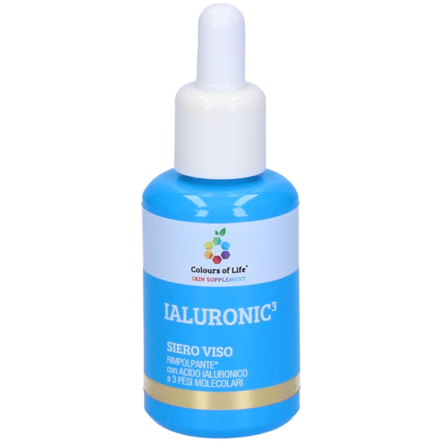 Blau-weiße Flasche mit Pipette. Aufschrift: IALURONIC3, SIERO VISO, mit Logo Colours of Life.