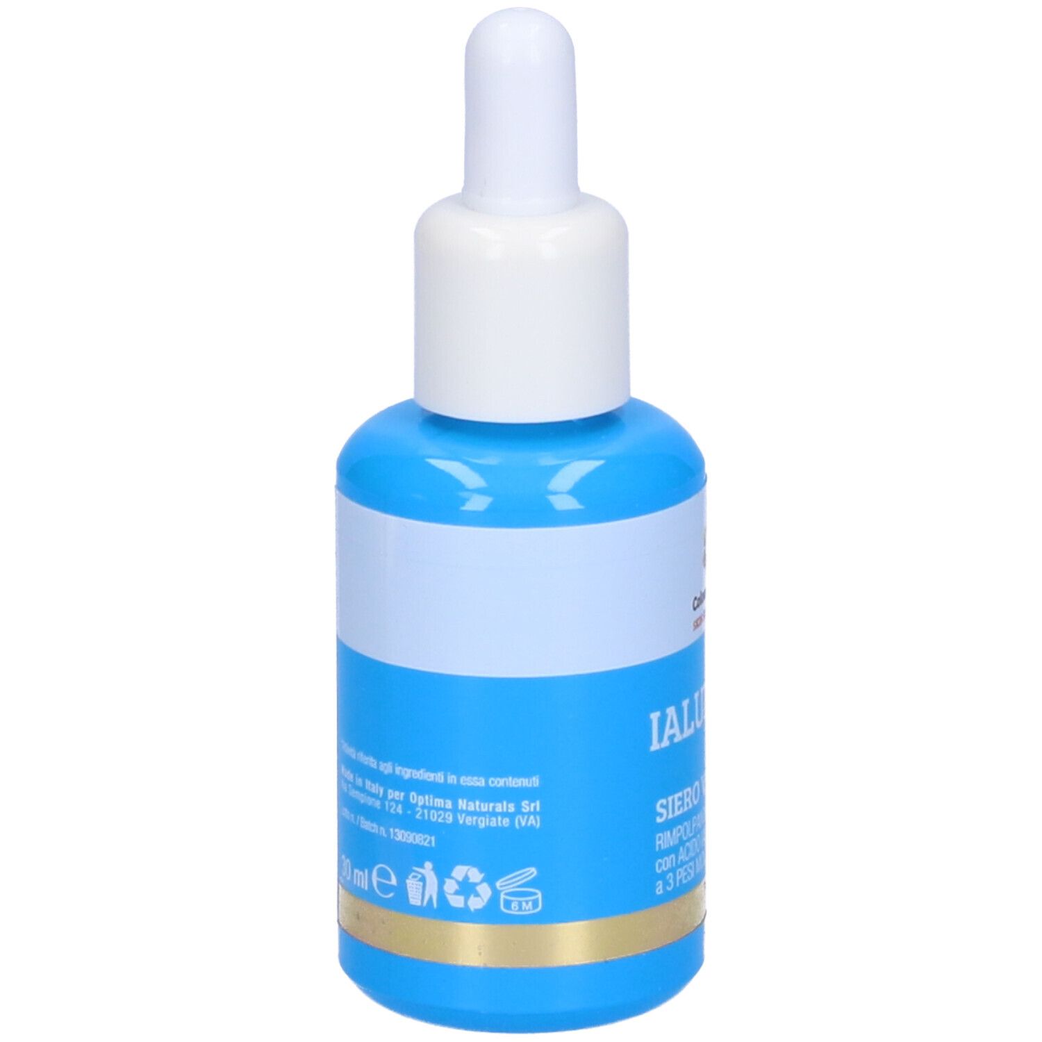 Blaue Flasche mit weißem Verschluss. Aufschrift: IALURONIC3, SIERO VISO. Rückseite mit Text und Logos.