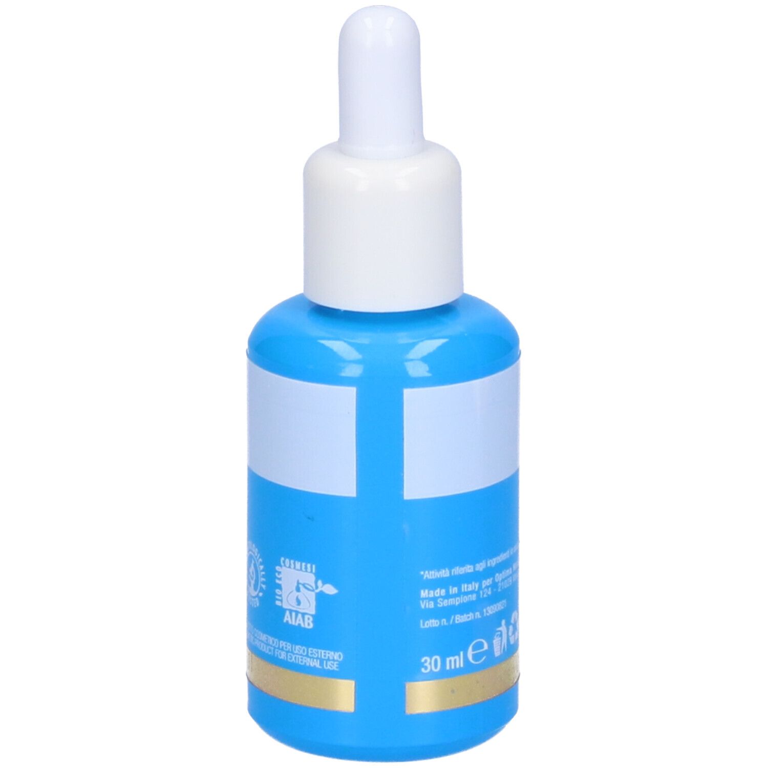 Blaue Flasche mit weißem Verschluss. Aufschrift: IALURONIC3, SIERO VISO. Rückseite mit Text und Logos.