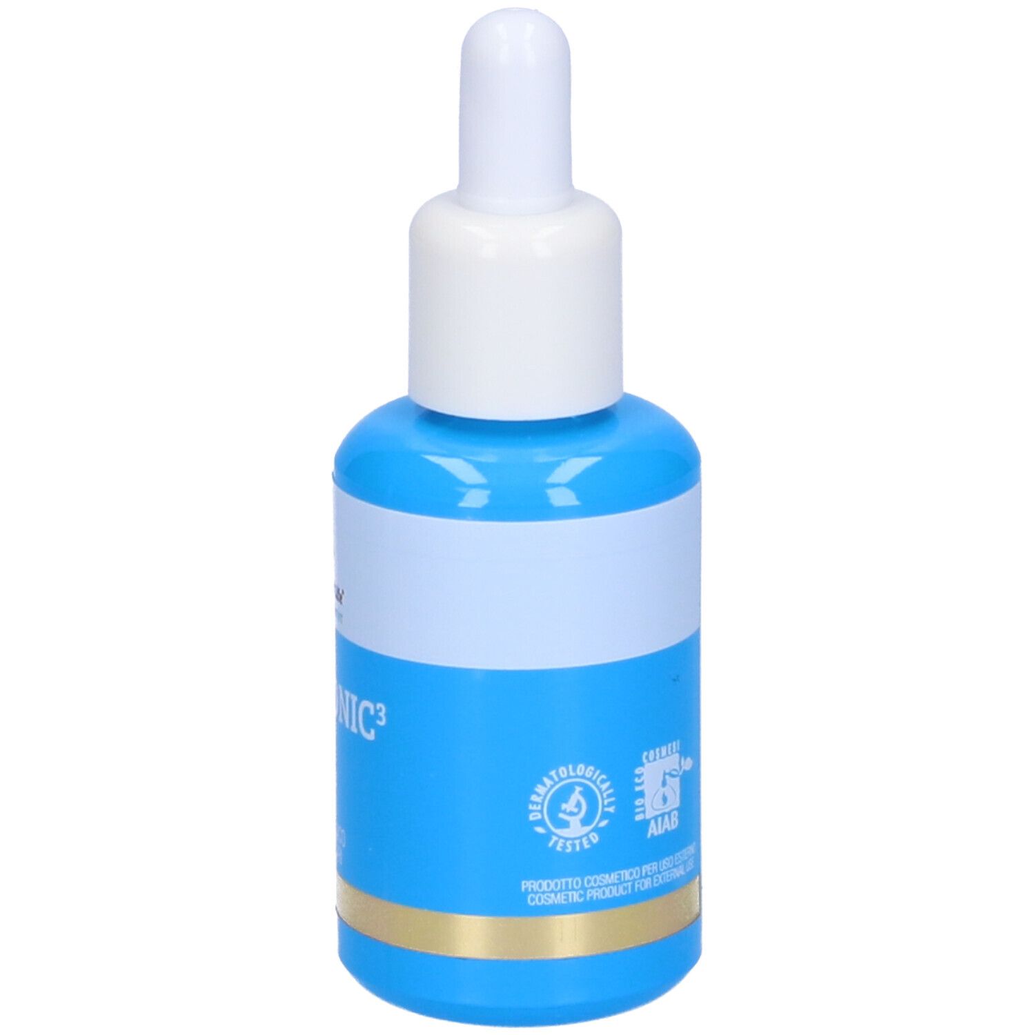 Blaue Flasche mit weißem Verschluss. Aufschrift: IALURONIC3, SIERO VISO. Logos und Text.