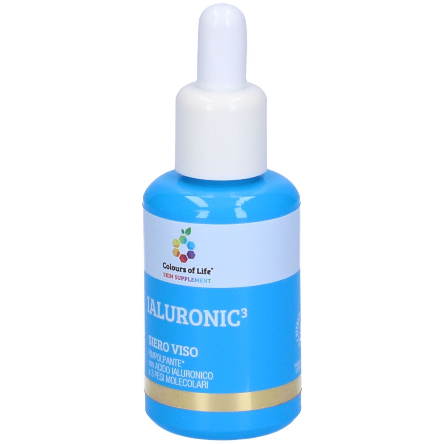 Blaue Flasche mit weißem Verschluss. Aufschrift: IALURONIC3, SIERO VISO, mit Logo Colours of Life.