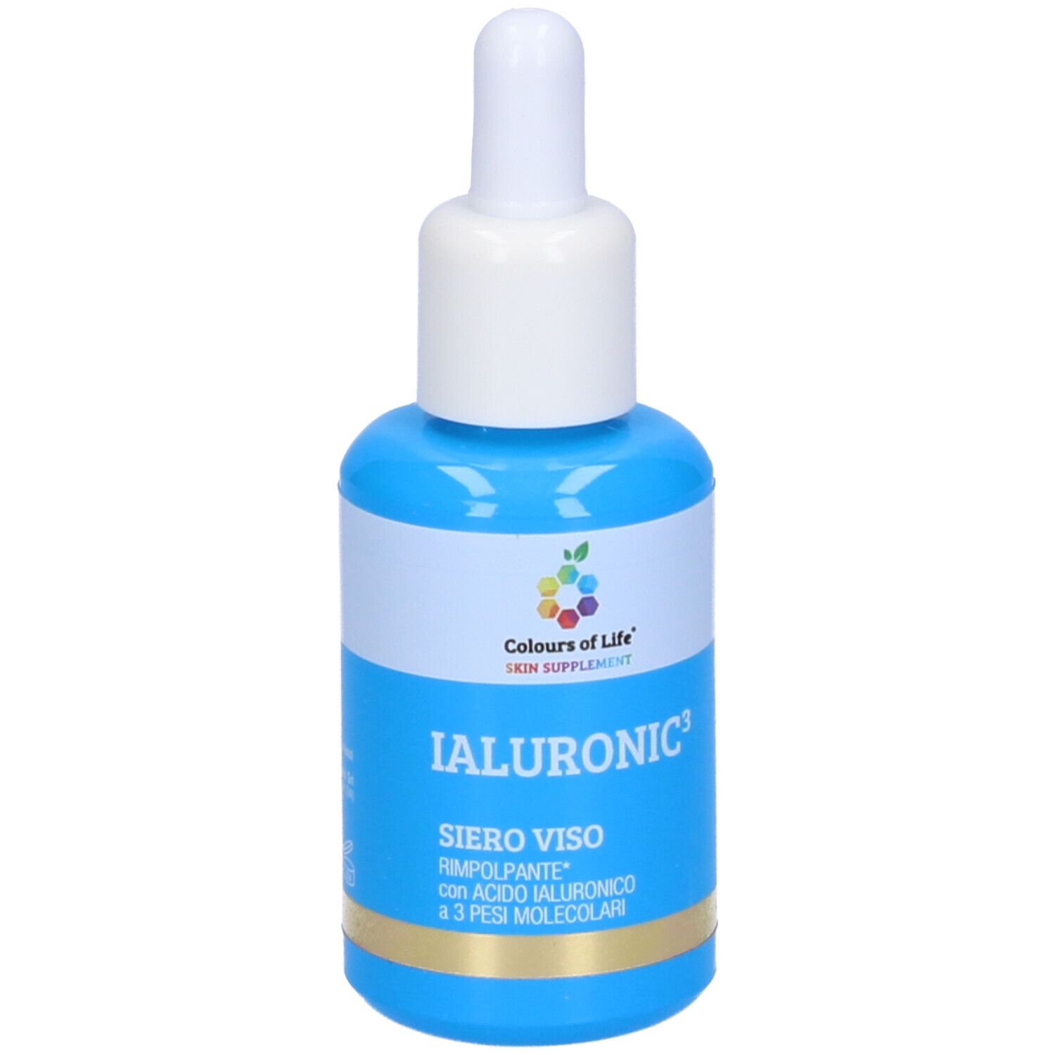 Blaue Flasche mit weißem Verschluss. Aufschrift: IALURONIC3, SIERO VISO, mit Logo Colours of Life.