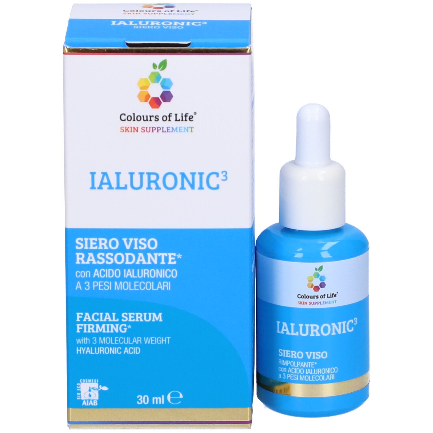 Produkt und Verpackung. Blaue Flasche mit weißem Verschluss und Karton. Aufschrift: IALURONIC3, SIERO VISO.