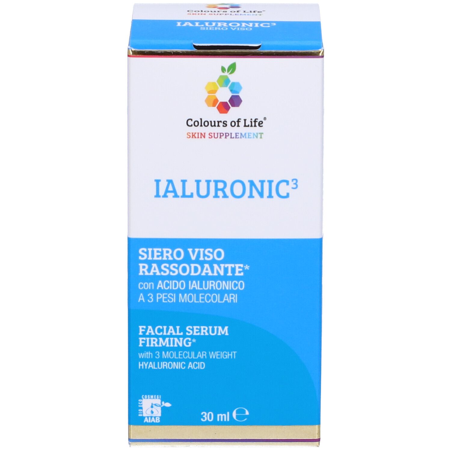 Kartonverpackung. Aufschrift: IALURONIC3, SIERO VISO, mit Logo Colours of Life. Text und Logos.