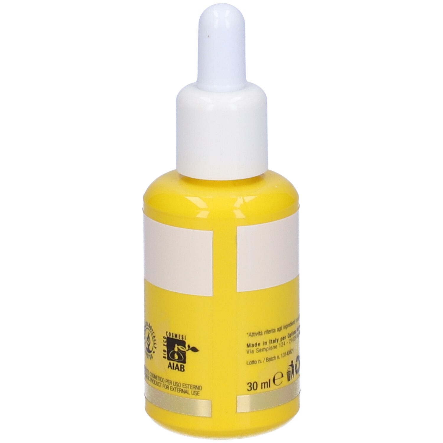 Gelbe Flasche mit weißem Deckel und Pipette. Rückseite mit Text und Logos. 30 ml. AIAB-Zertifizierung.