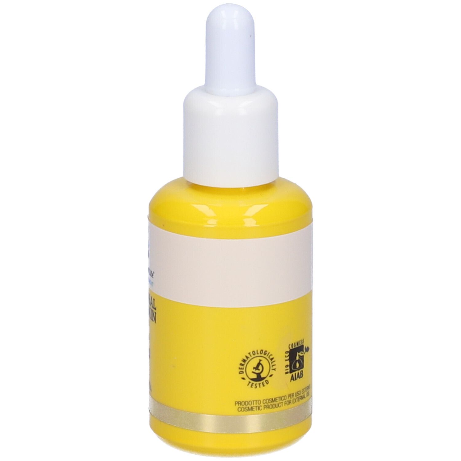 Gelbe Flasche mit weißem Deckel und Pipette. Rückseite mit Text und Logos. Dermatologisch getestet. AIAB-Zertifizierung.