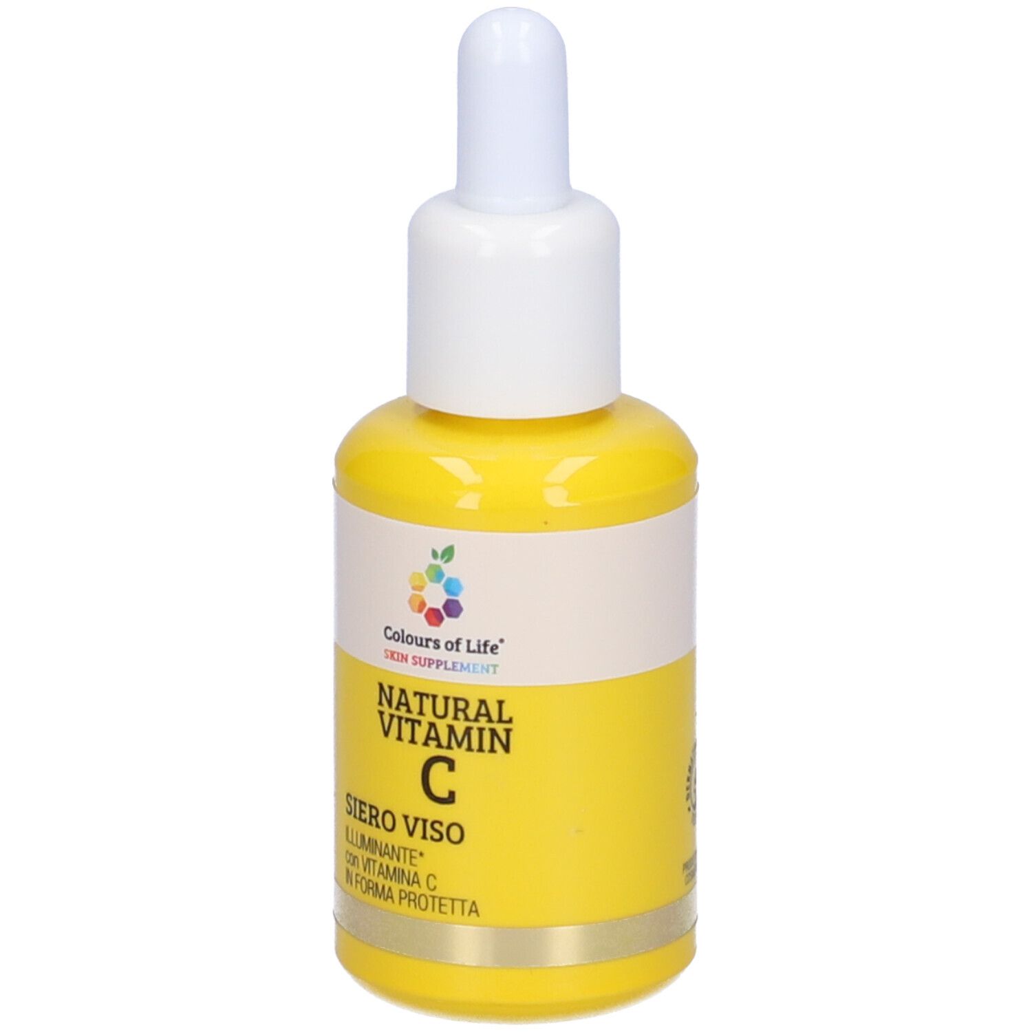 Gelbe Flasche mit weißem Deckel und Pipette. Beschriftung: Natural Vitamin C Siero Viso Illuminante. Marke: Colours of Life.