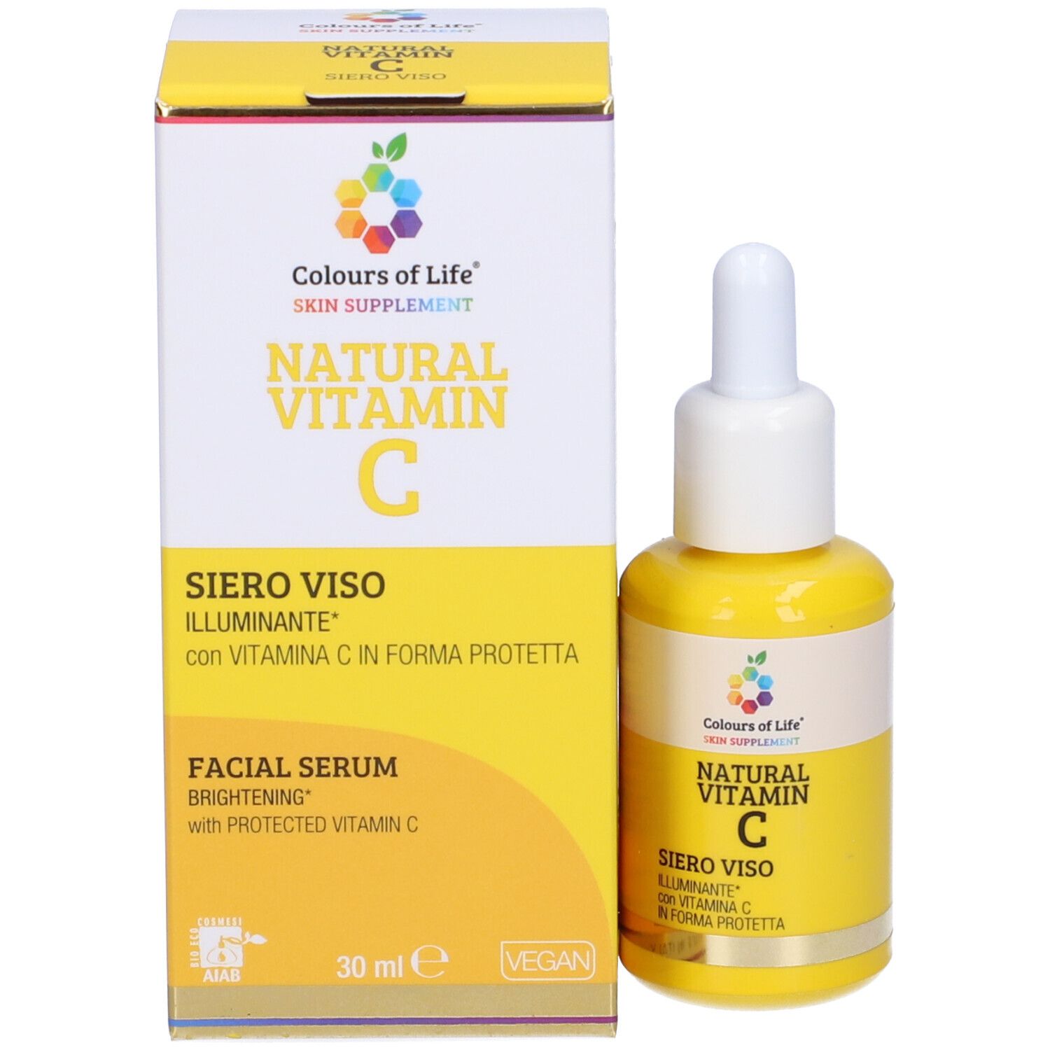 Gelbe Flasche mit weißem Deckel und Pipette und Karton. Beschriftung: Natural Vitamin C Siero Viso Illuminante. Marke: Colours of Life.