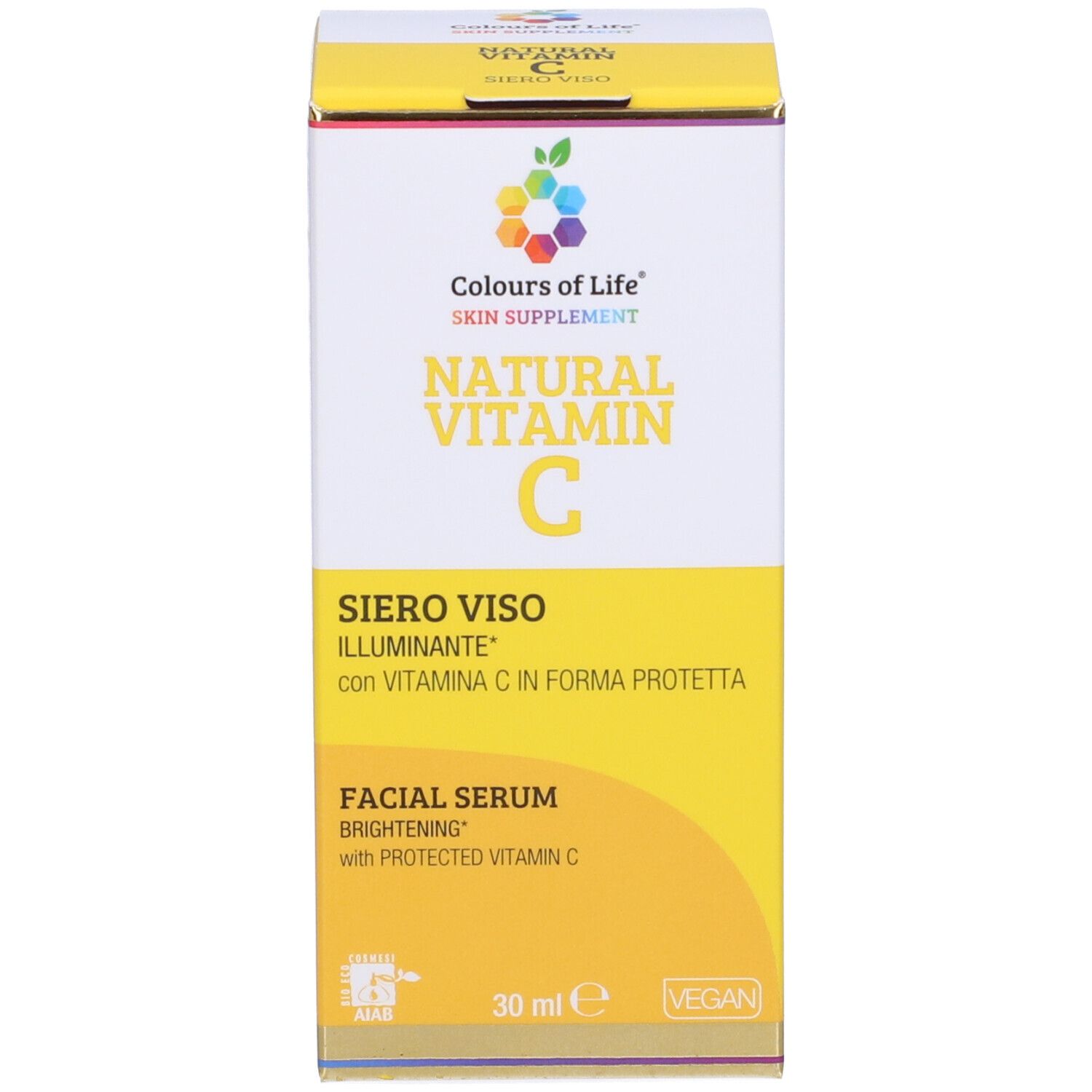 Karton mit Beschriftung: Natural Vitamin C Siero Viso Illuminante. Marke: Colours of Life. 30 ml. Vegan.