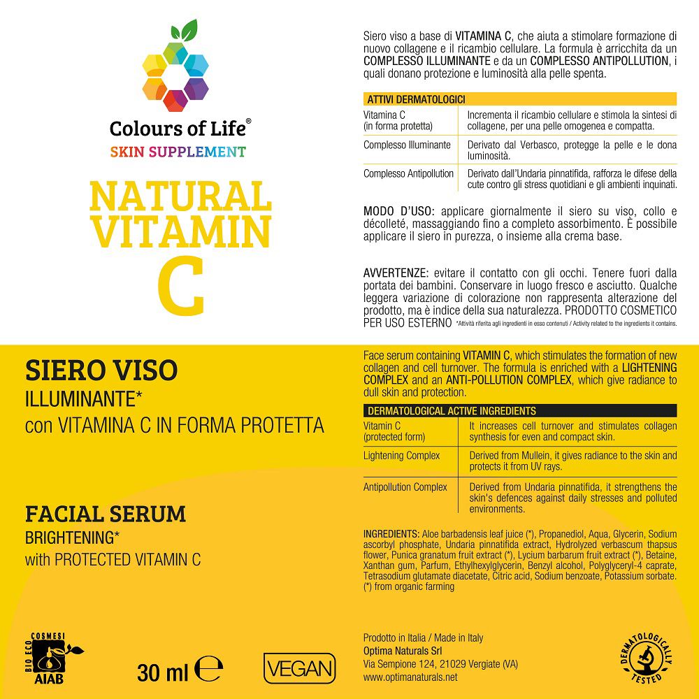 Faltblatt mit Produktinformationen und Fläschchen Colours of Life Vitamin C Serum.