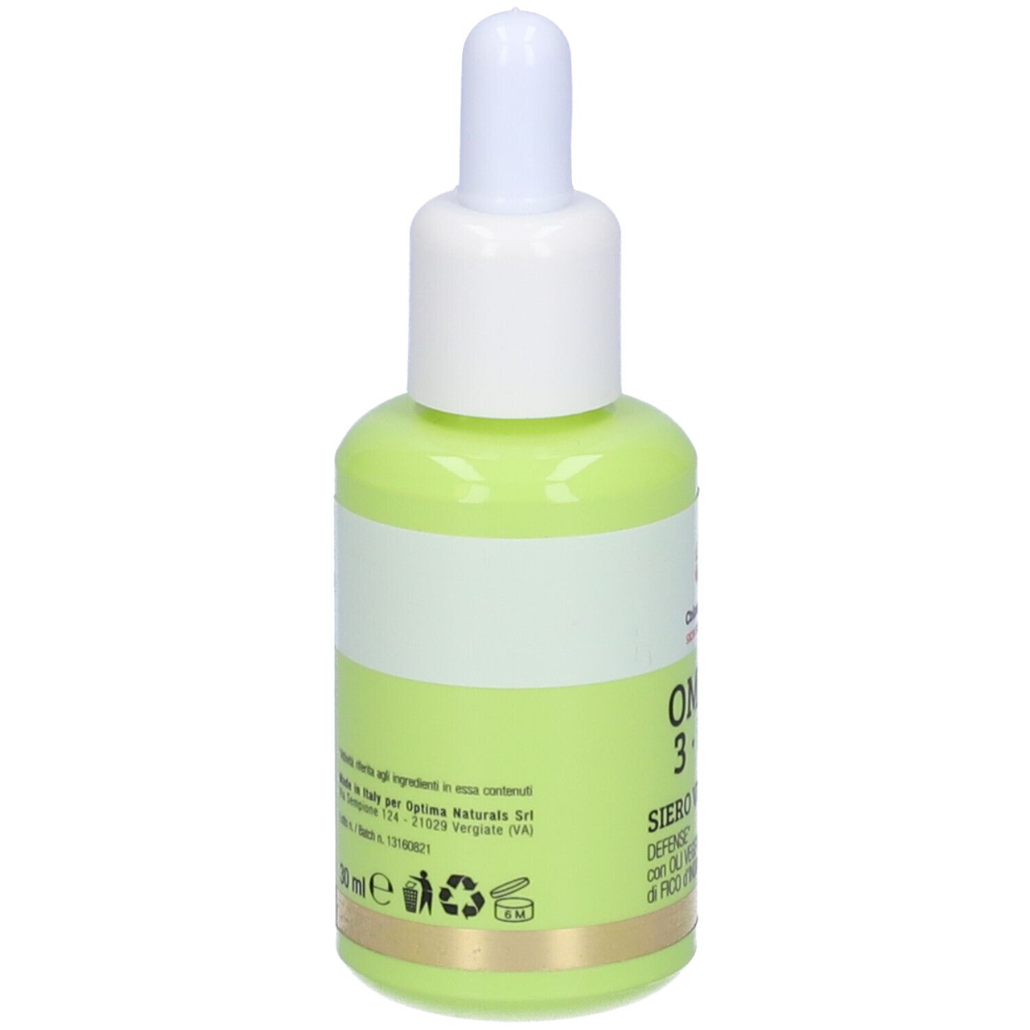 Grüne Flasche mit weißem Deckel. Aufschrift: Omega 3-6-9 Siero Viso Defense. Marke: Colours of Life. Rückseite mit Text.