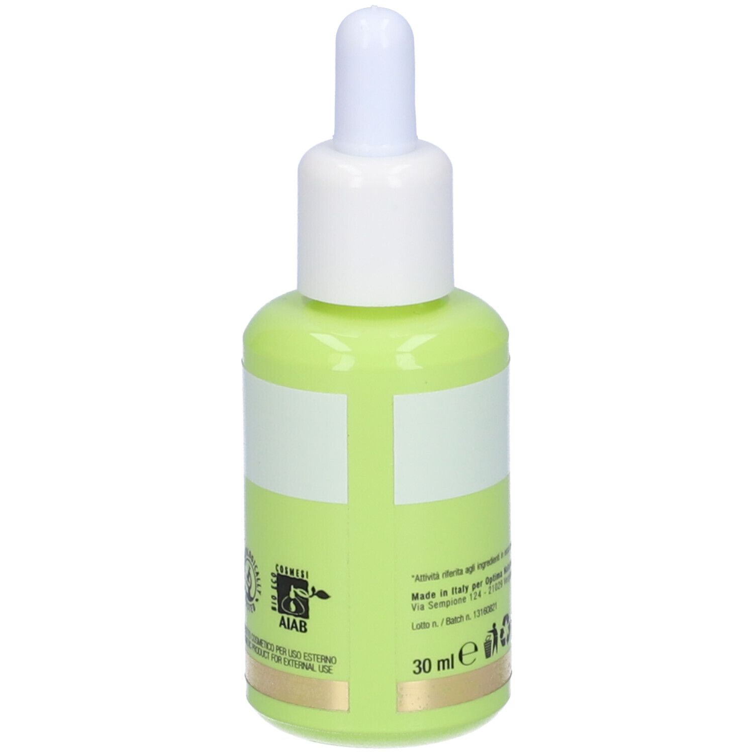 Grüne Flasche mit weißem Deckel. Aufschrift: Omega 3-6-9 Siero Viso Defense. Marke: Colours of Life. AIAB-Zertifizierung.