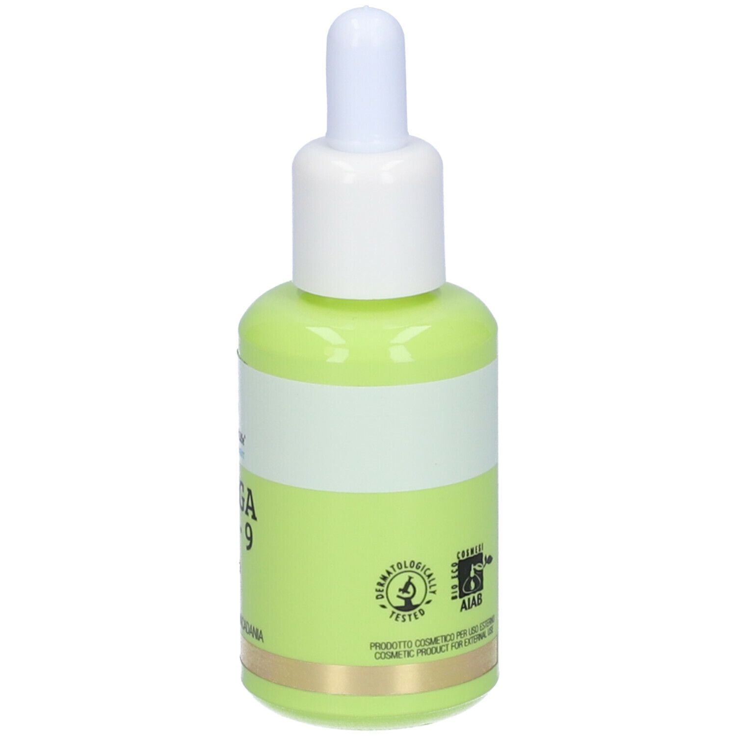 Grüne Flasche mit weißem Deckel. Aufschrift: Omega 3-6-9 Siero Viso Defense. Marke: Colours of Life. Dermatologisch getestet.