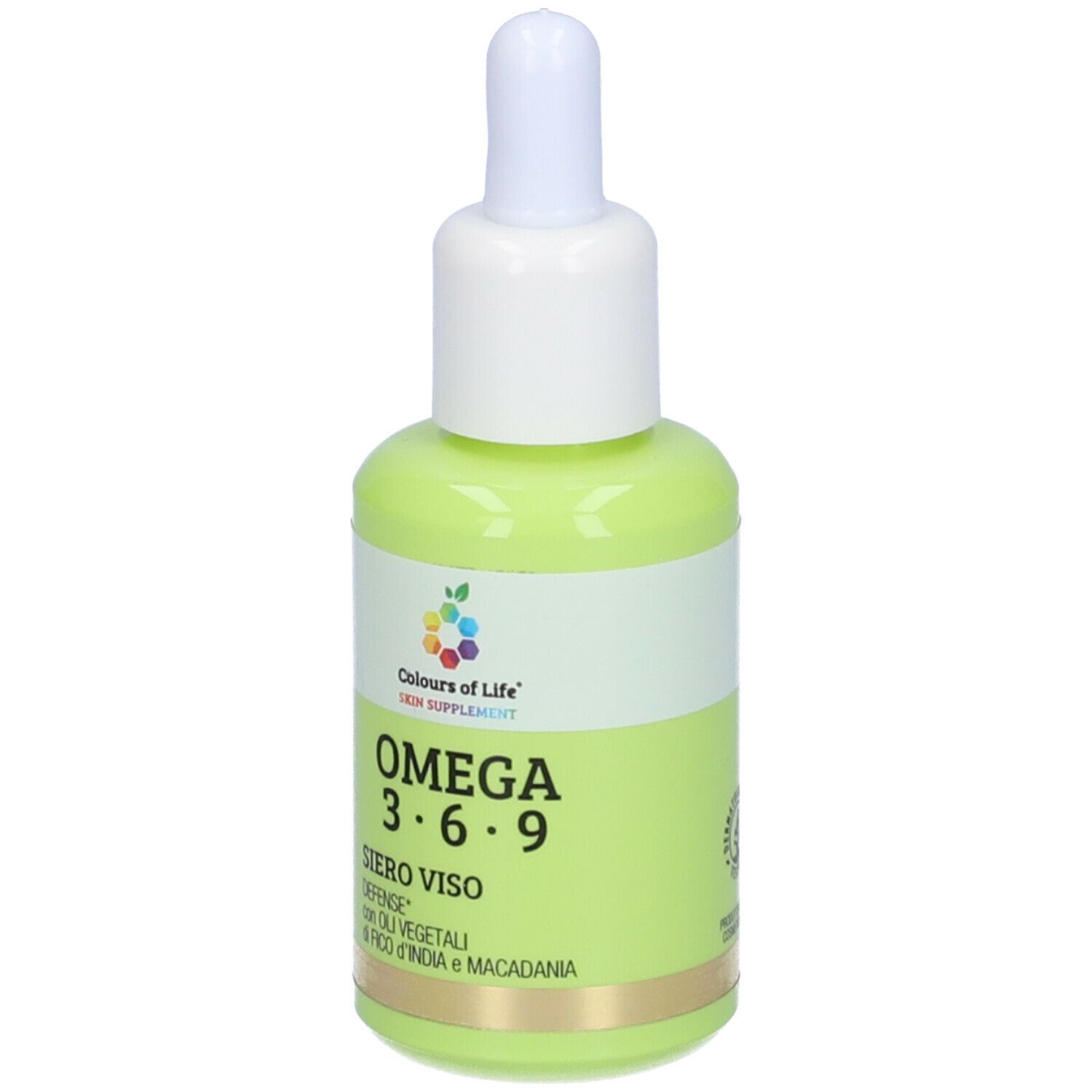 Grüne Flasche mit weißem Deckel. Aufschrift: Omega 3-6-9 Siero Viso Defense. Marke: Colours of Life.