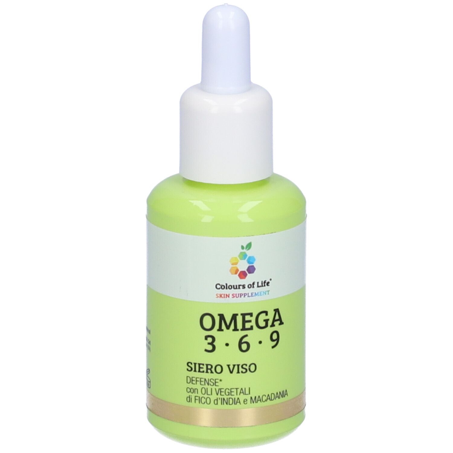 Grüne Flasche mit weißem Deckel. Aufschrift: Omega 3-6-9 Siero Viso Defense. Marke: Colours of Life.