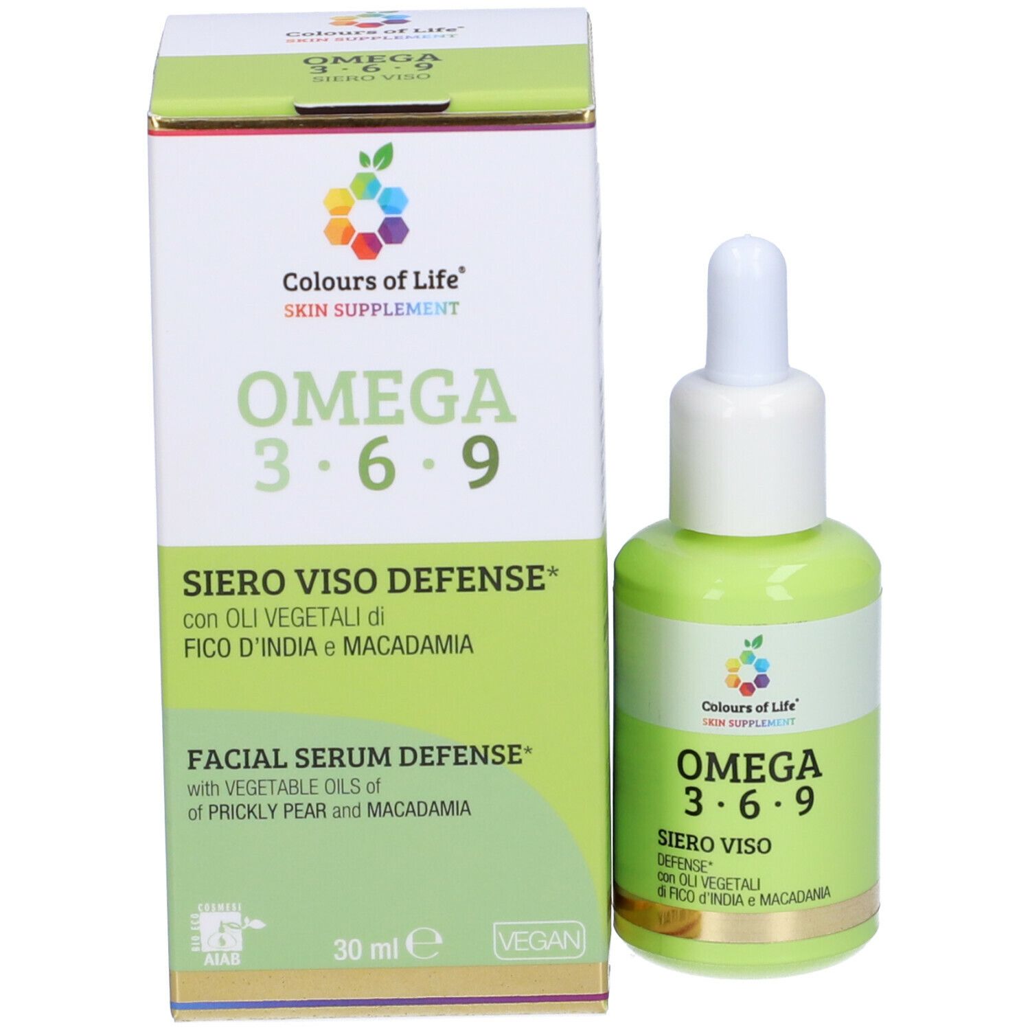Produktverpackung und Flasche. Aufschrift: Omega 3-6-9 Siero Viso Defense. Marke: Colours of Life. 30 ml. Vegan.