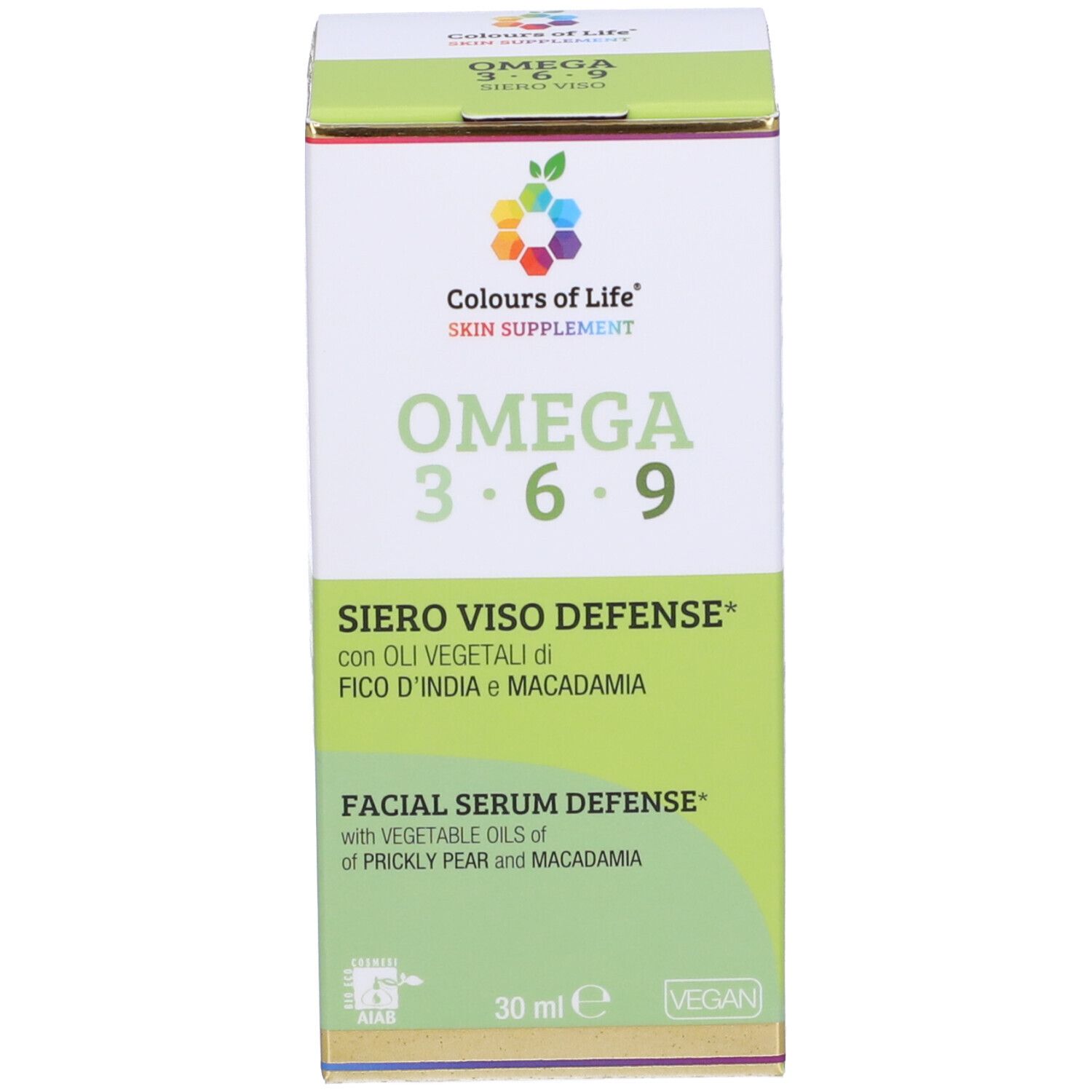 Produktverpackung. Aufschrift: Omega 3-6-9 Siero Viso Defense. Marke: Colours of Life. 30 ml. Vegan.