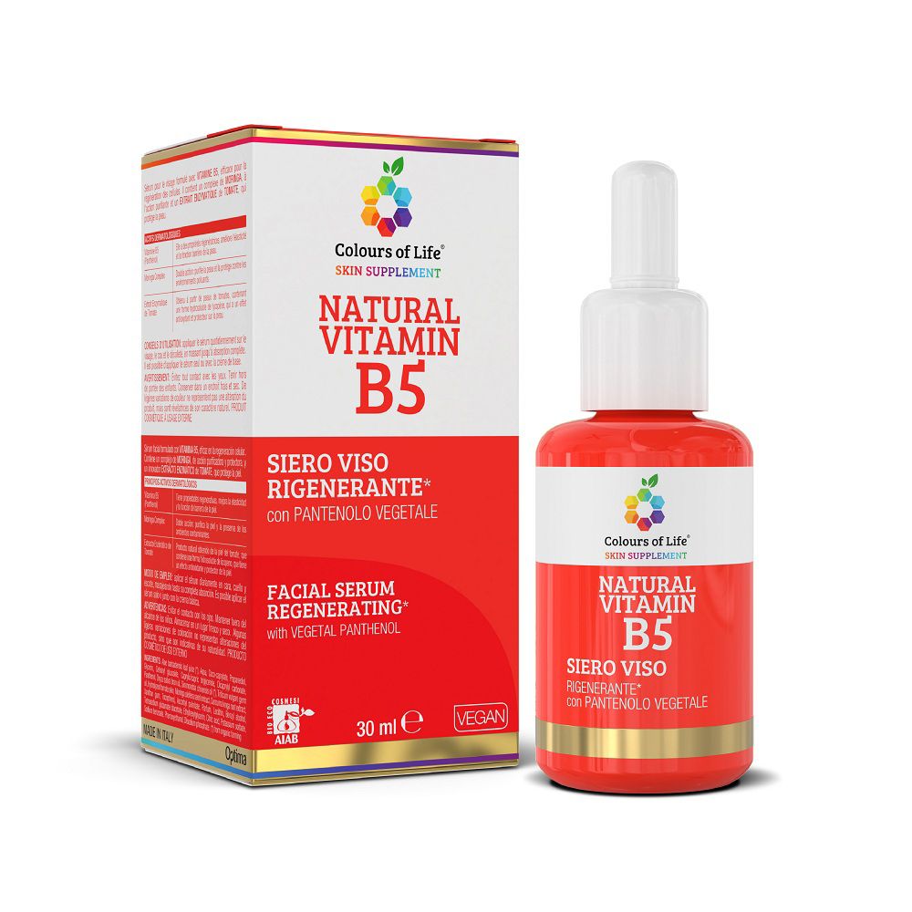 Gesichtsserum Flasche und Kartonverpackung mit "Colours of Life Natural Vitamin B5" Aufschrift.