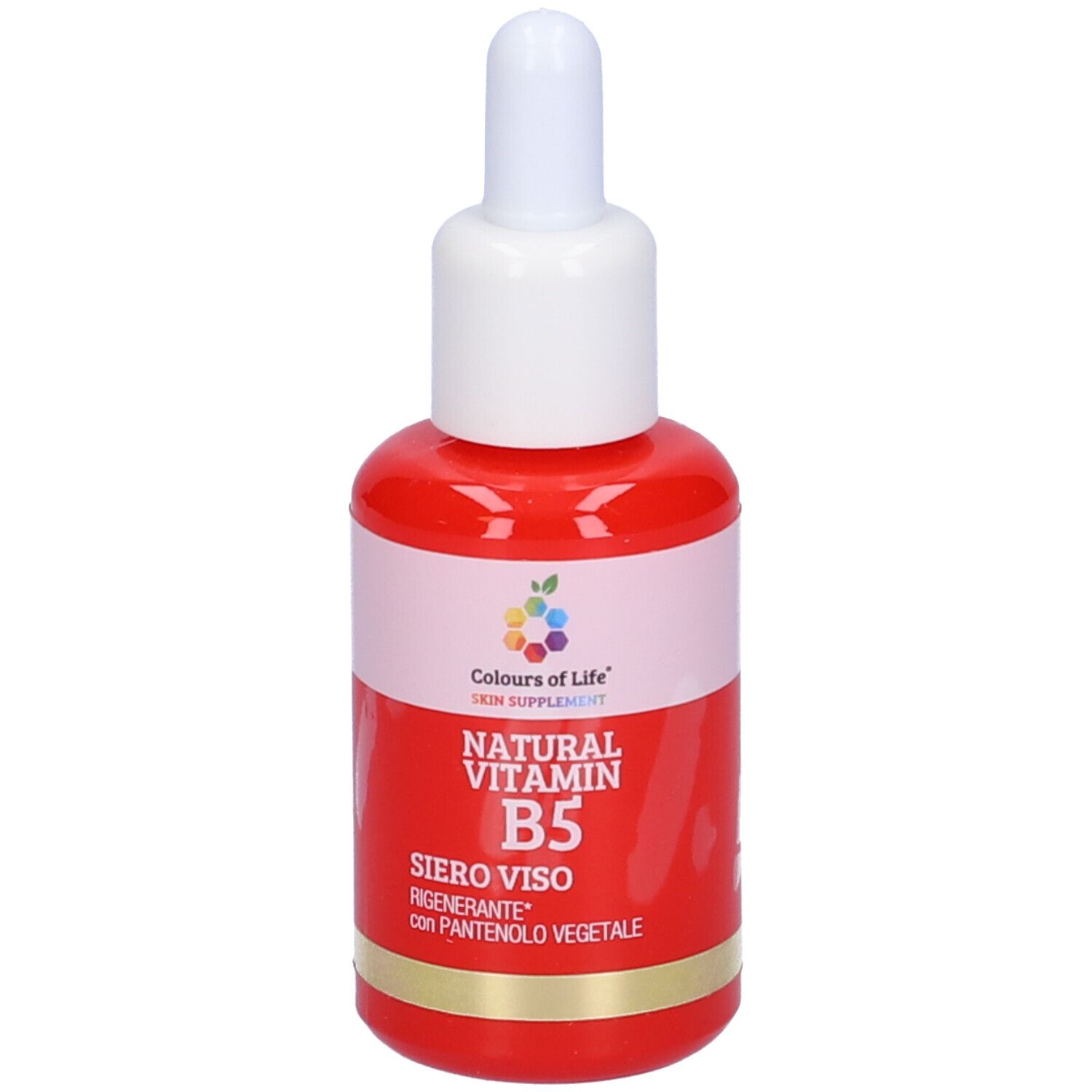 Rote Flasche mit weißem Deckel. Aufschrift: Natural Vitamin B5 Siero Viso Rigenerante. Marke: Colours of Life.