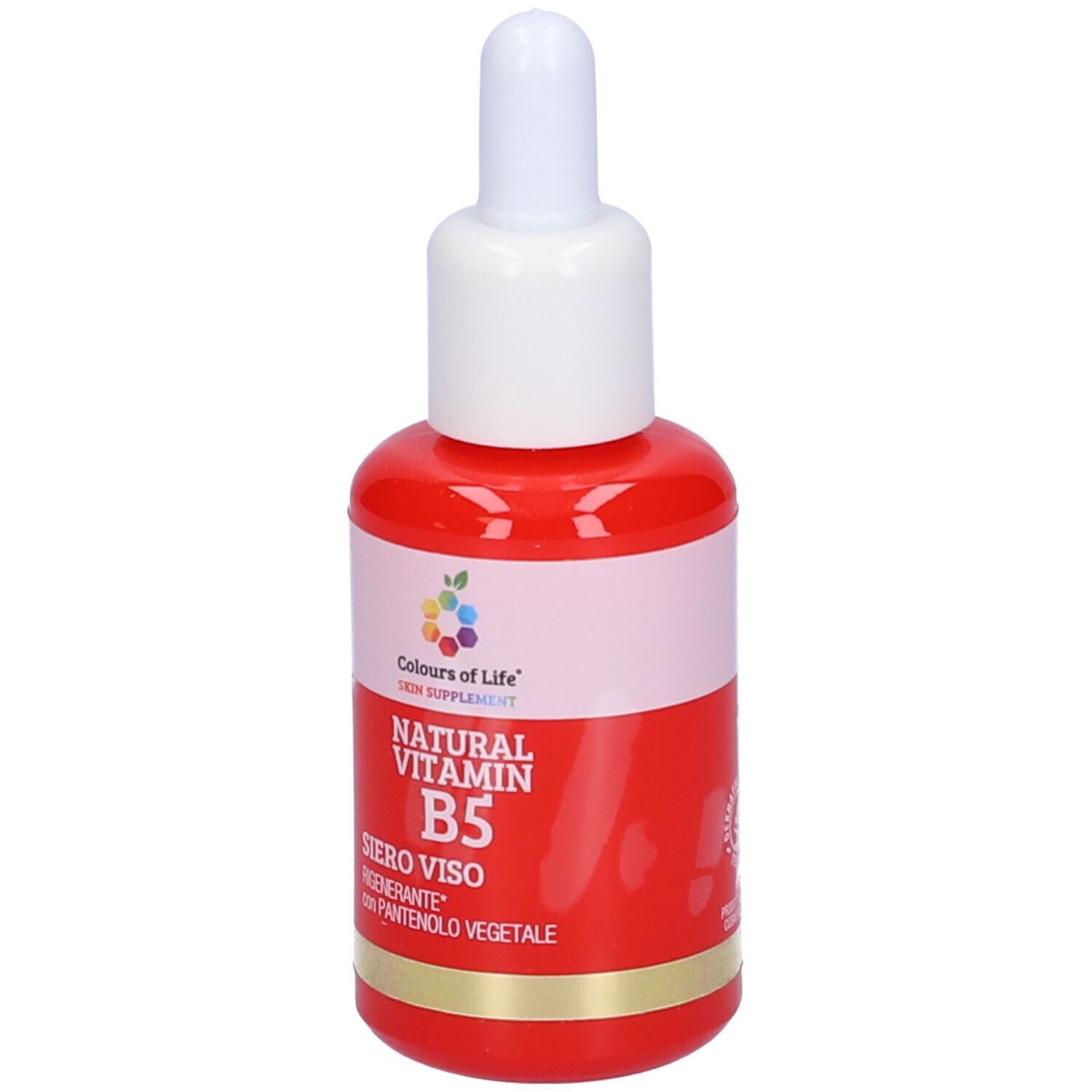 Rote Flasche mit weißem Deckel. Aufschrift: Natural Vitamin B5 Siero Viso Rigenerante. Marke: Colours of Life.