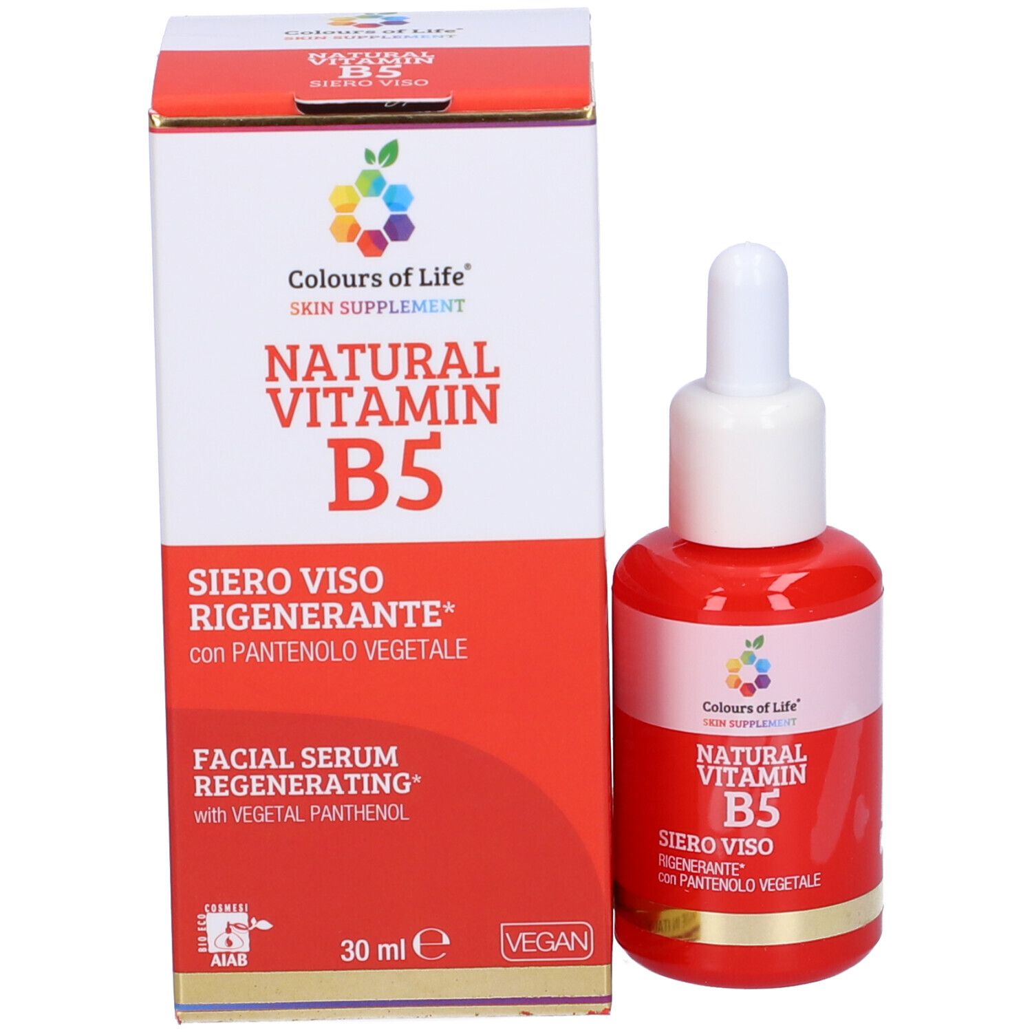 Produktverpackung und Flasche. Aufschrift: Natural Vitamin B5 Siero Viso Rigenerante. Marke: Colours of Life.